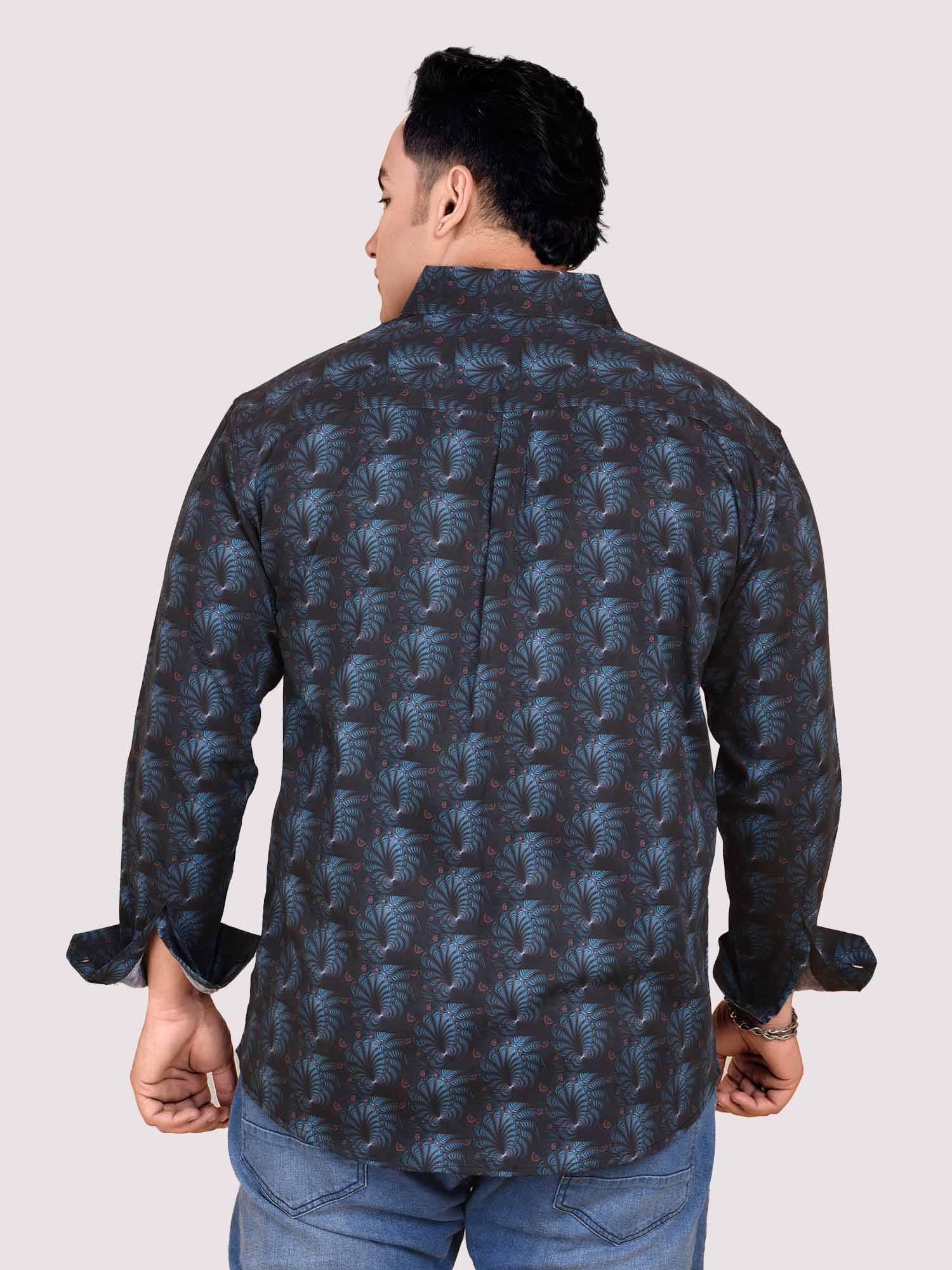 Black and Blue Abstract Flower Printed Cotton Full Sleeve Men's Plus size