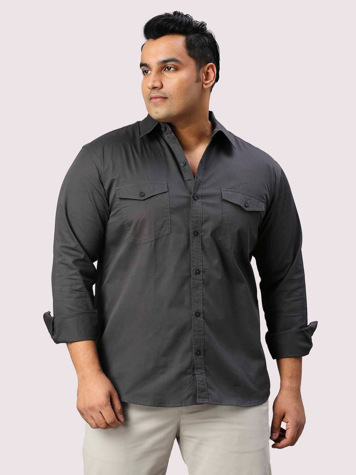 Black Solid Pure Cotton Double Pocket Full Sleeve Shirt Men's Plus Size