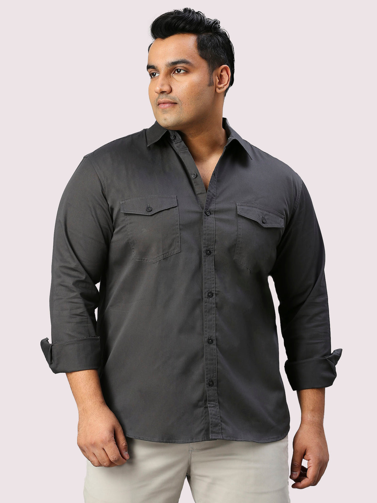 Black Solid Pure Cotton Double Pocket Full Sleeve Shirt Men's Plus Size