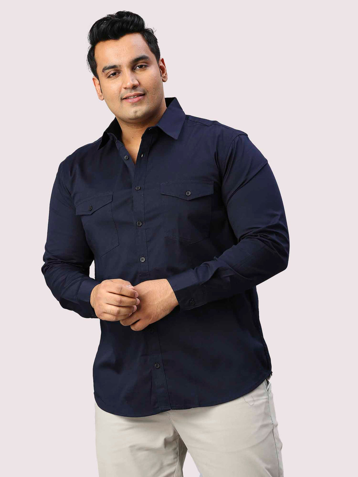 Navy Blue Solid Pure Cotton Double Pocket Full Sleeve Shirt Men's Plus Size
