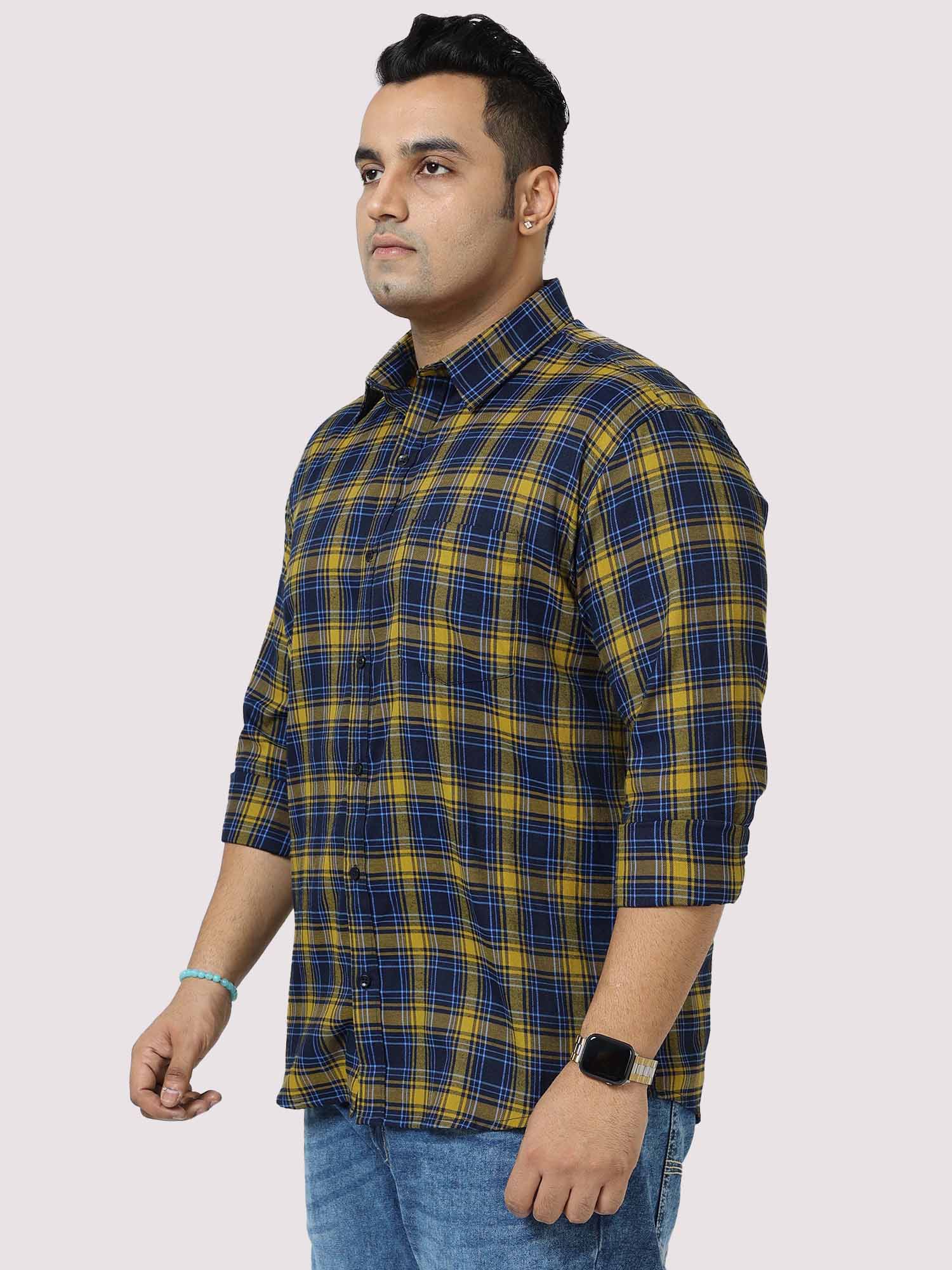 Yellow and Navy Blue Checkered Full Shirt Men's Plus Size