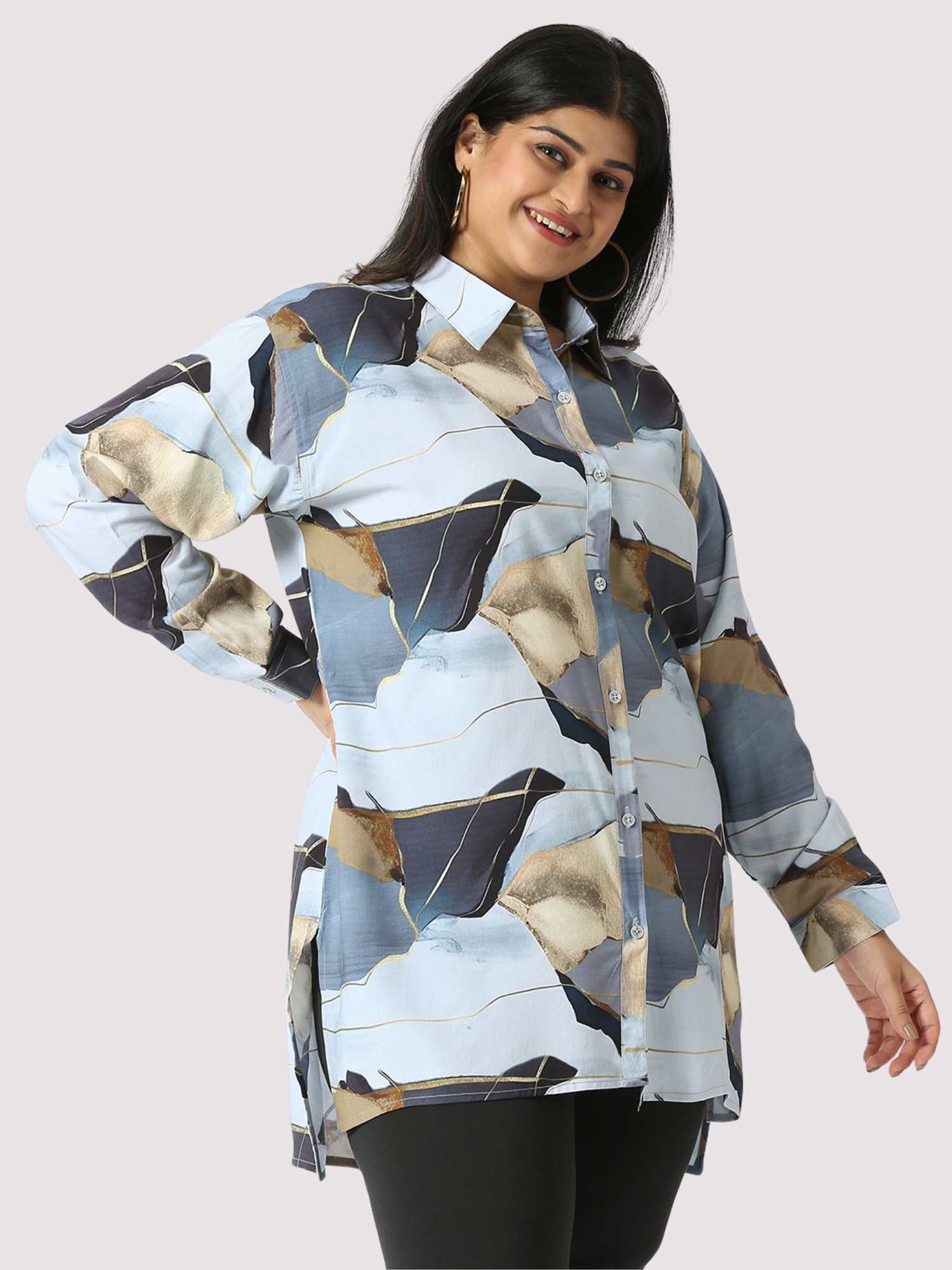 Metallic Sand Digital Printed Women's Plus Size Long Shirt