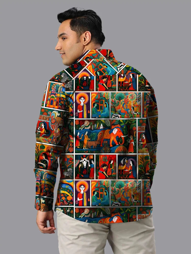 Tribal Art Digital Printed Party Wear Men's Plus Size Full Shirt