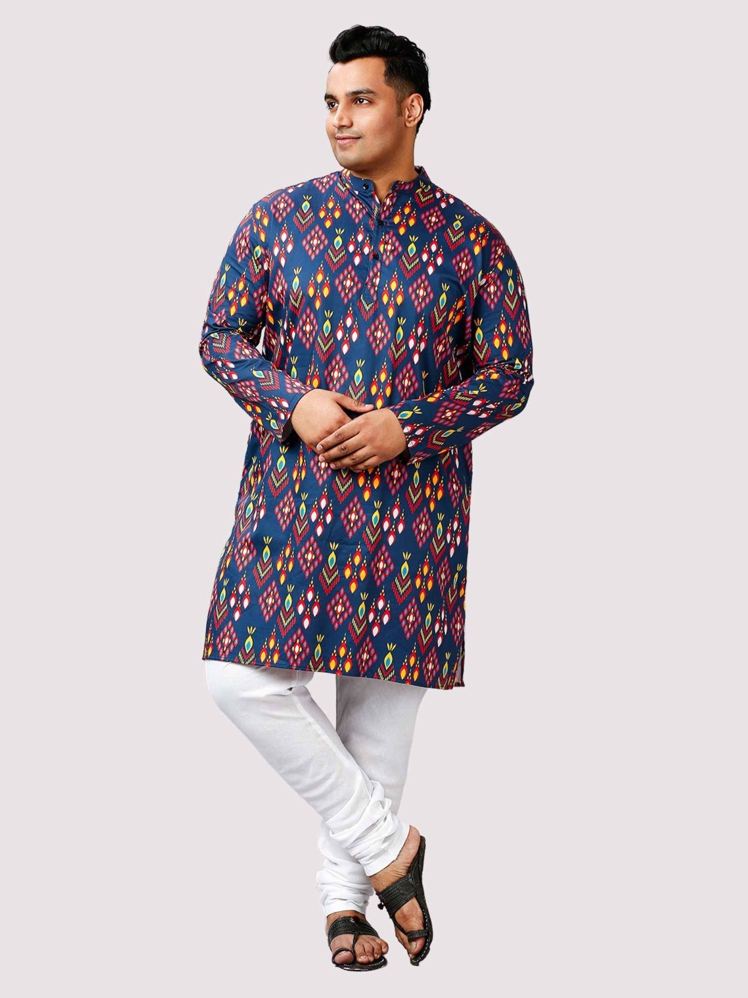 Shubh Printed Blue White Kurta Men's Plus Size