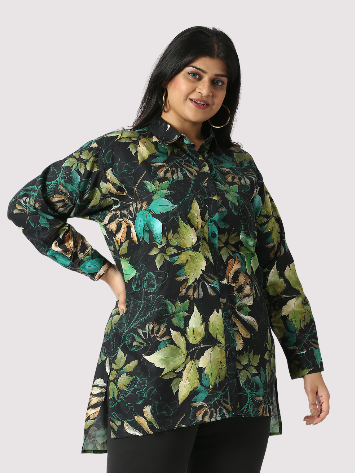 Wild Green Digital Printed Women's Plus Size Long Shirt
