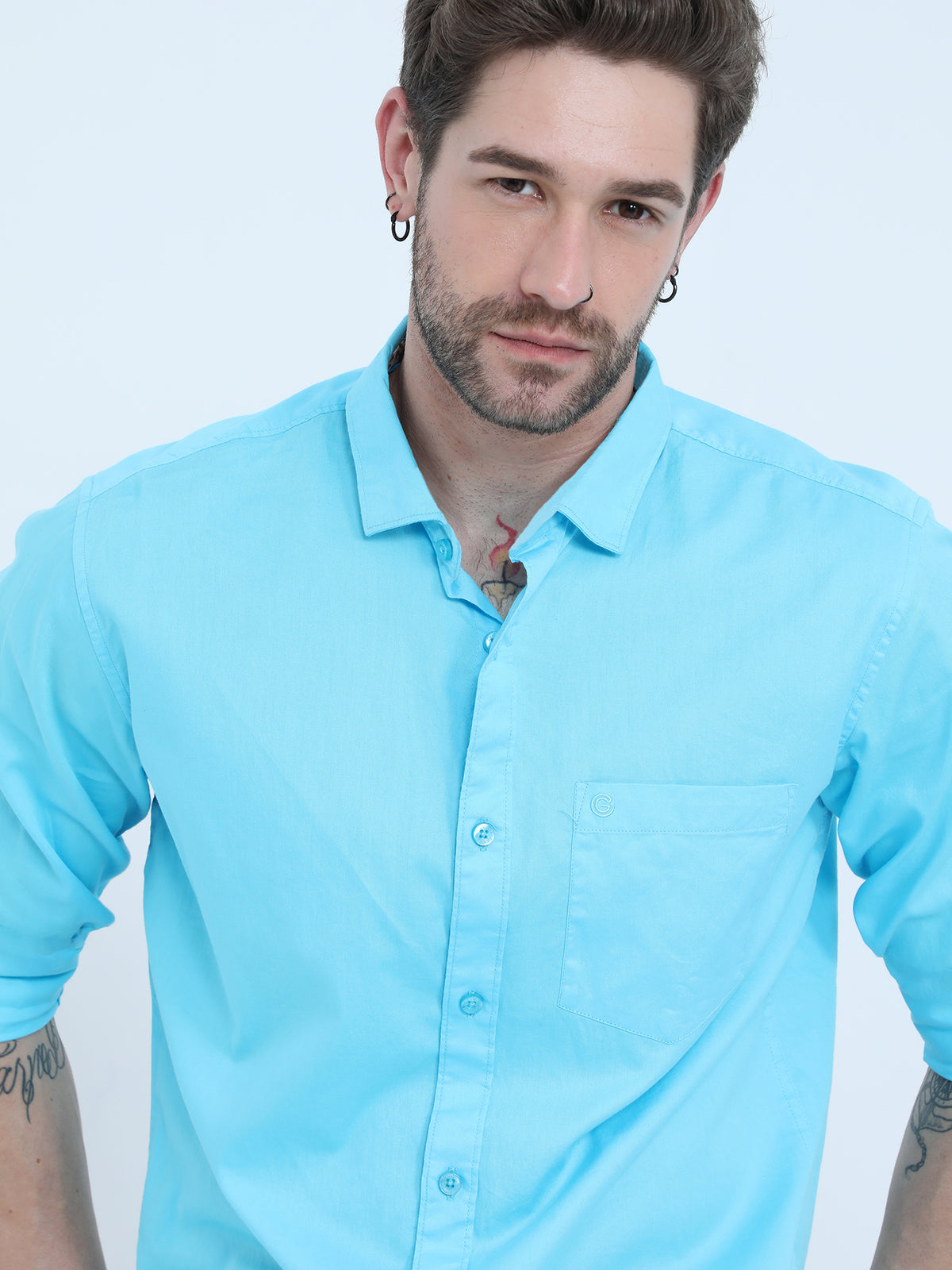 Sky Blue Solid Cotton Full Sleeve Shirt