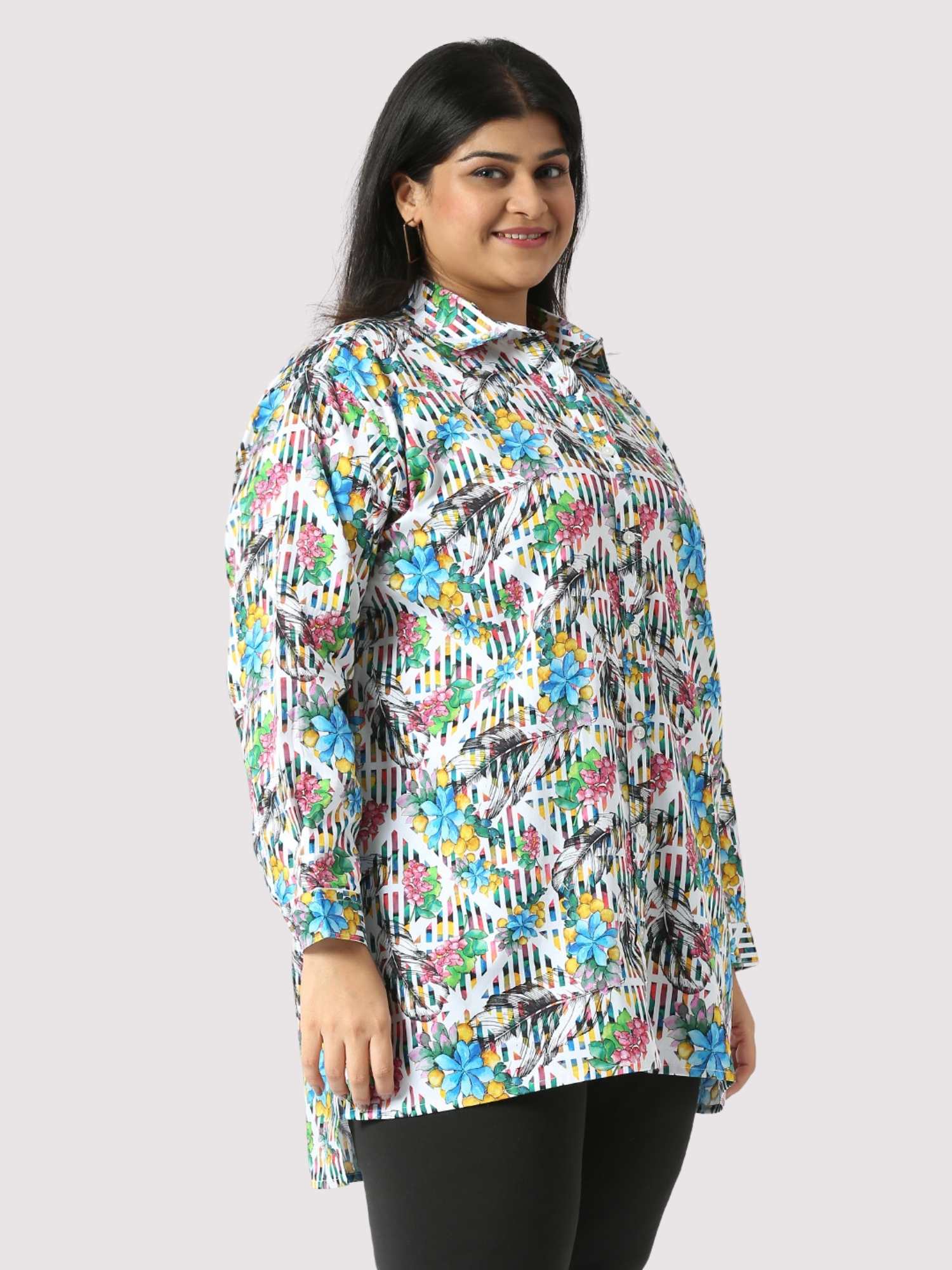 Flowers Stripe Digital Printed Women's Plus Size Long Shirt