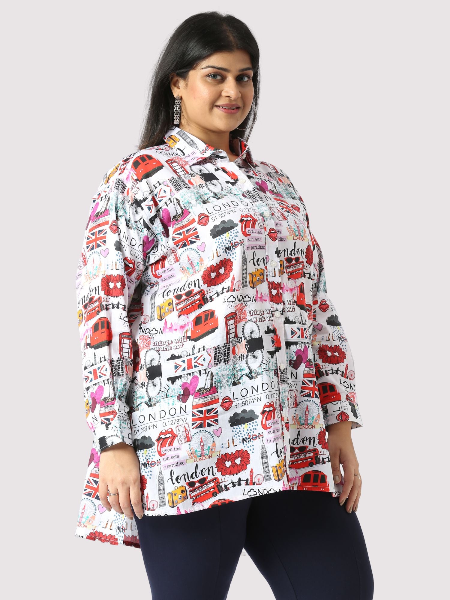 London Love Digital Printed Women's Plus Size Long Shirt
