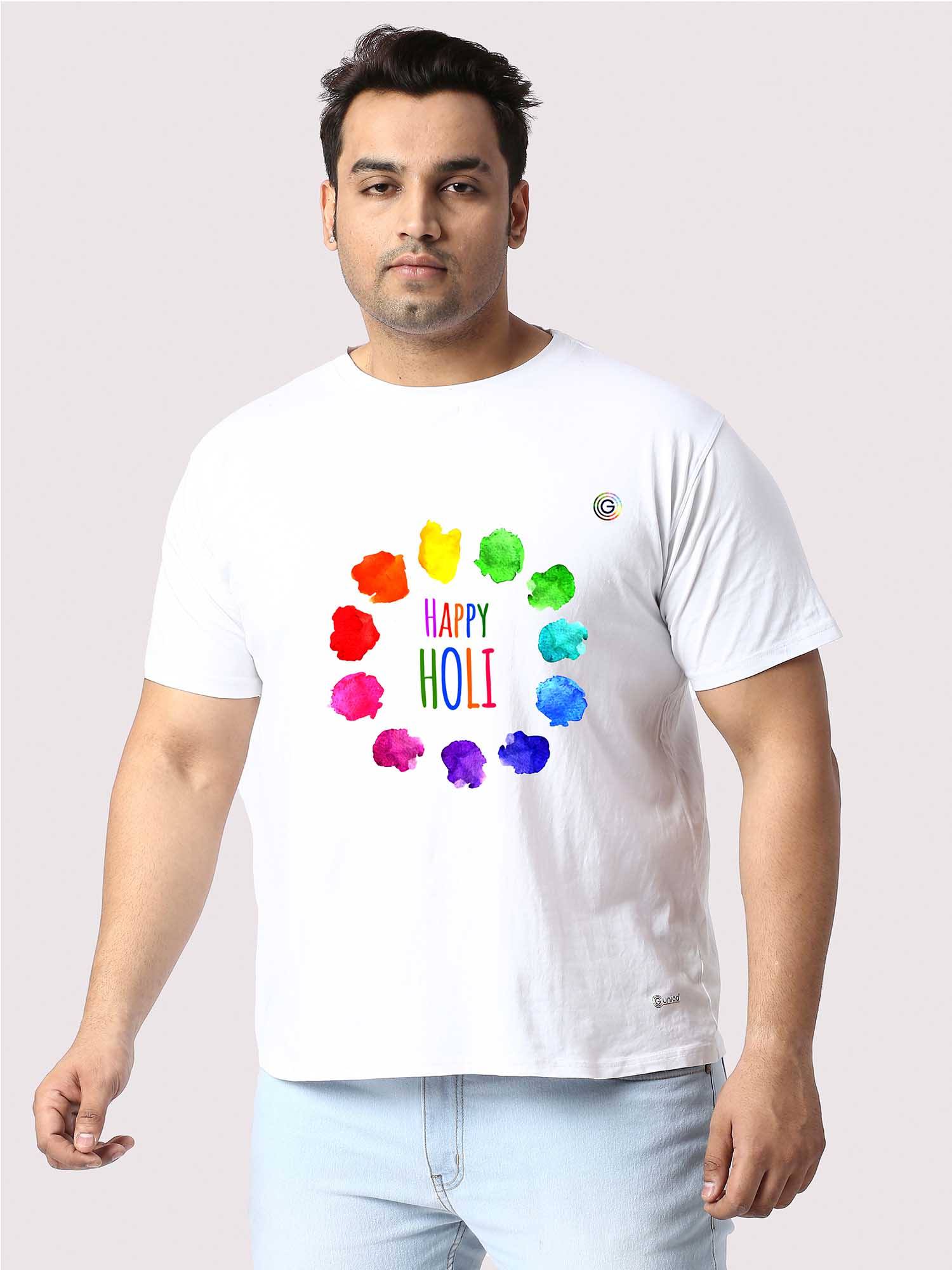 Men Plus Size White Holi Colors Printed Round Neck T-Shirt - Guniaa Fashions