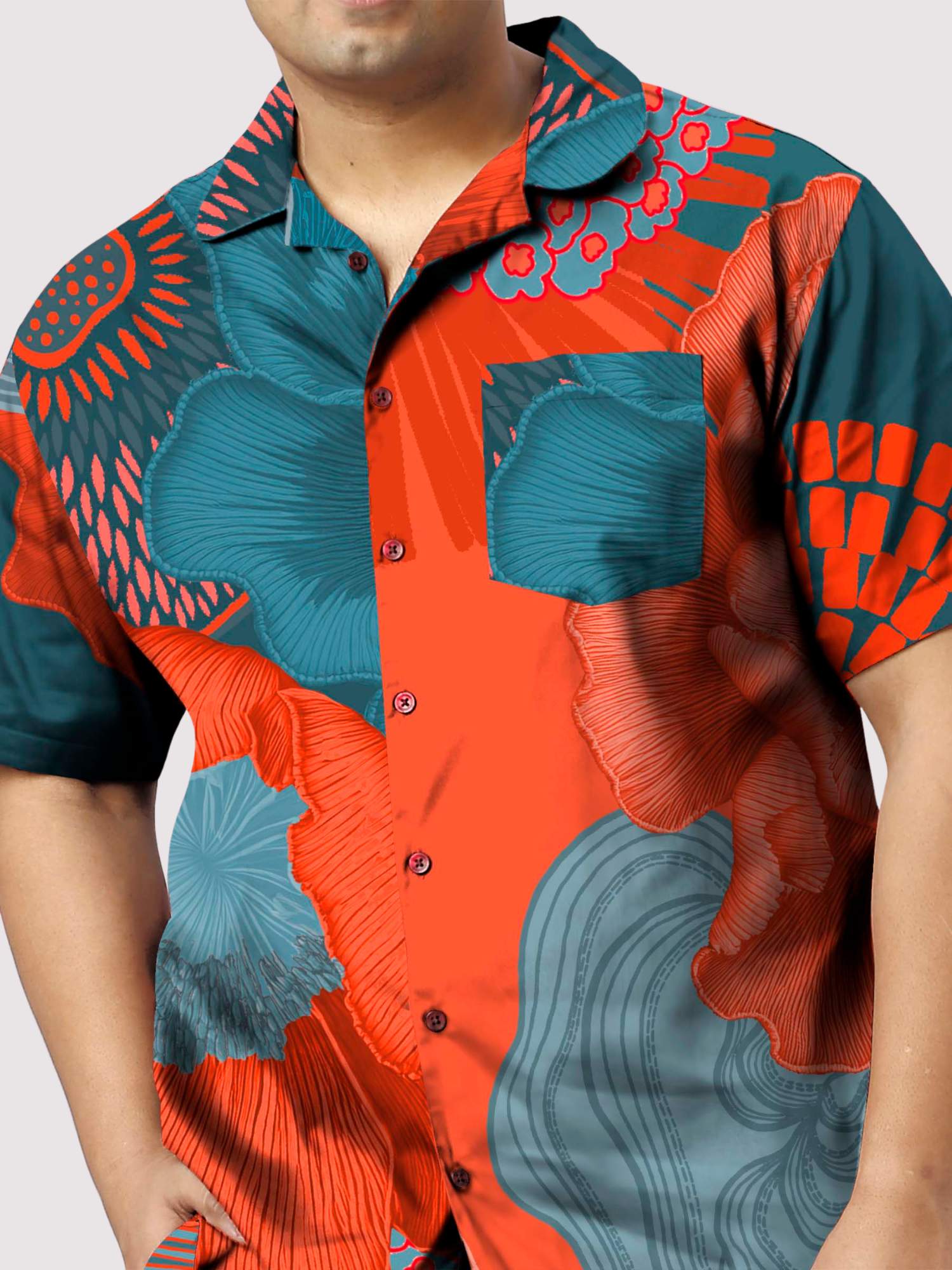 Coral Flower Printed Plus Size Men's Full Co-ord Set