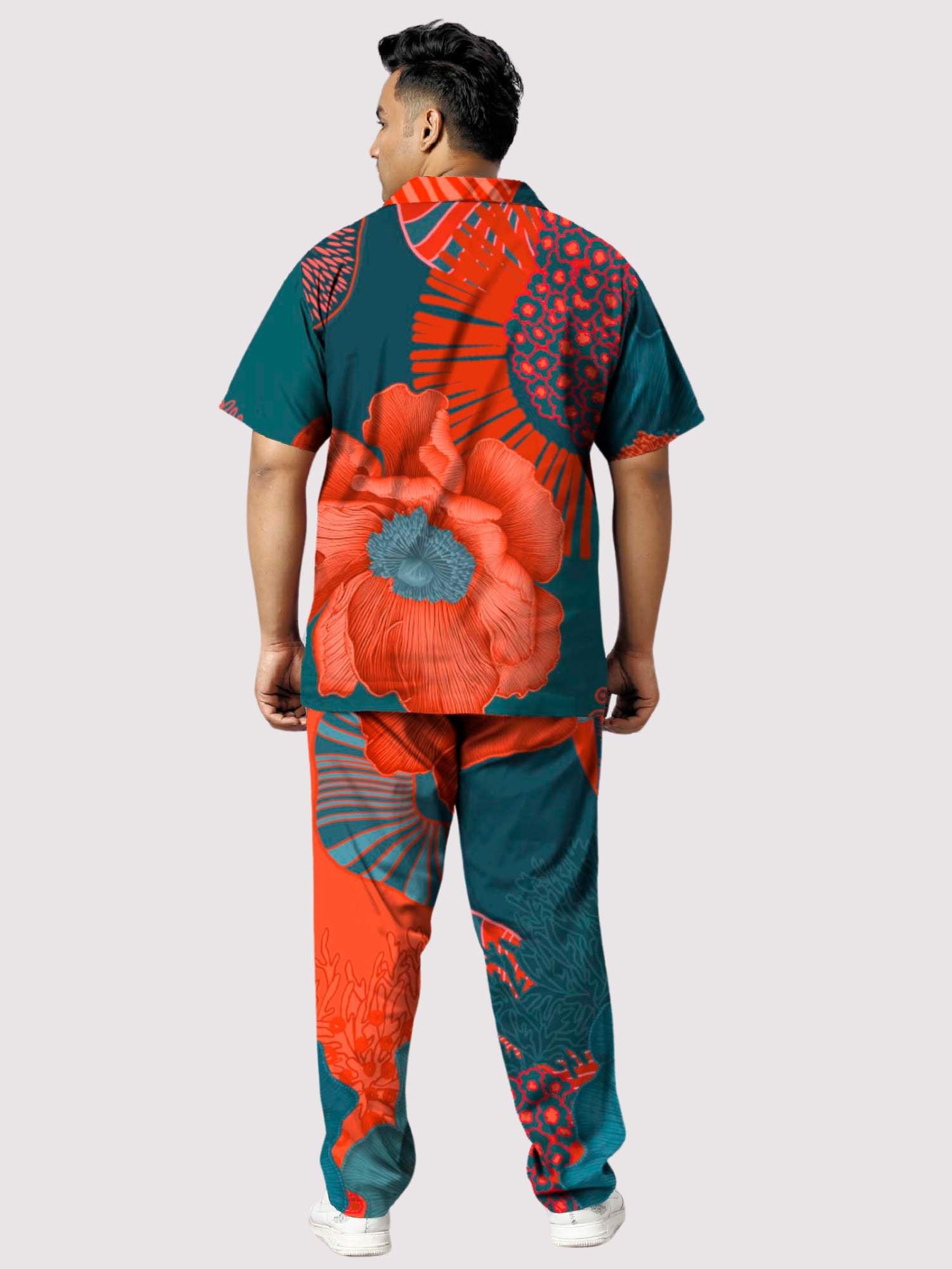 Coral Flower Printed Plus Size Men's Full Co-ord Set