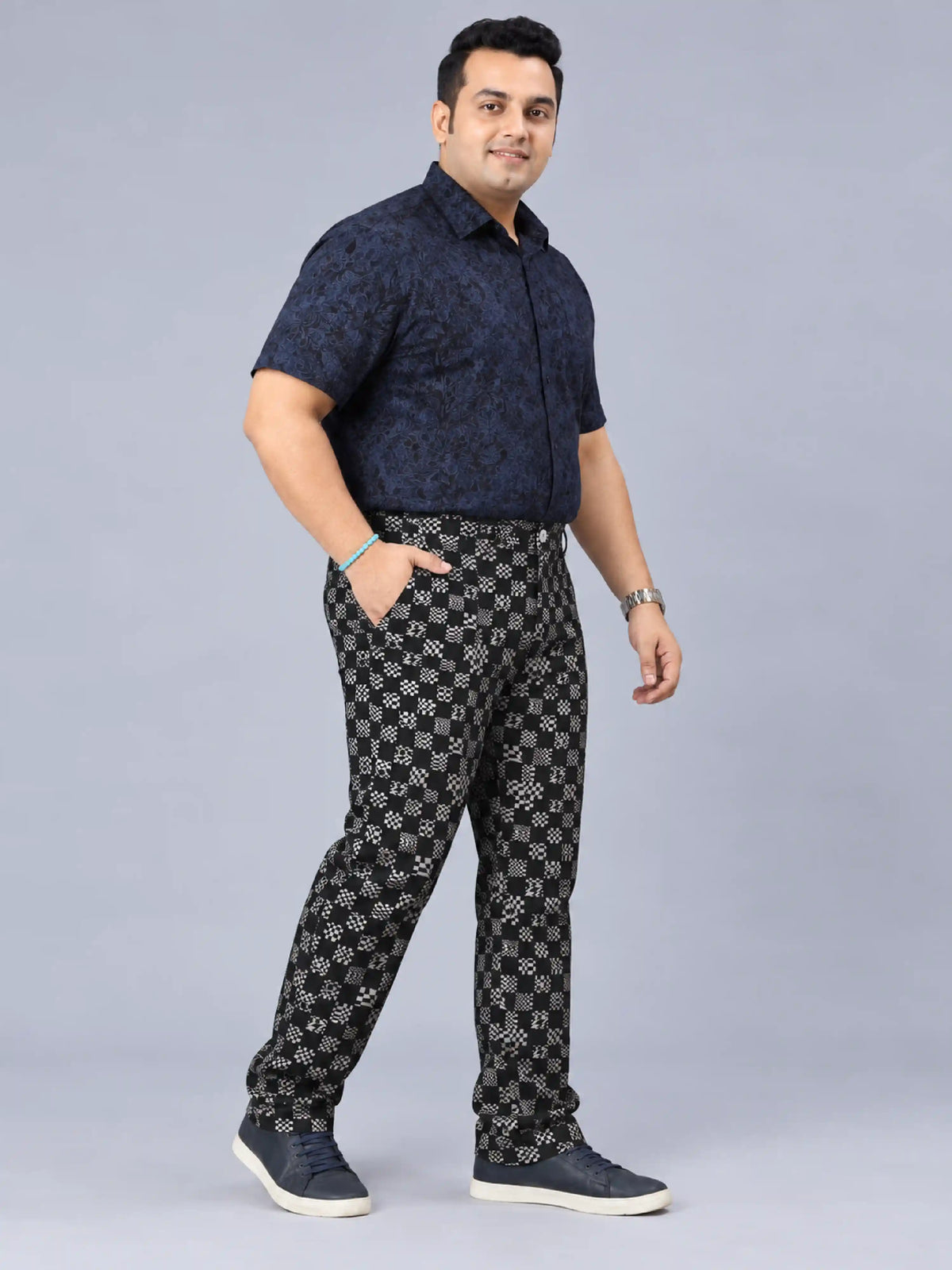 Check Matrix Digital Printed Twill Lycra Men's Plus Size Full Pant