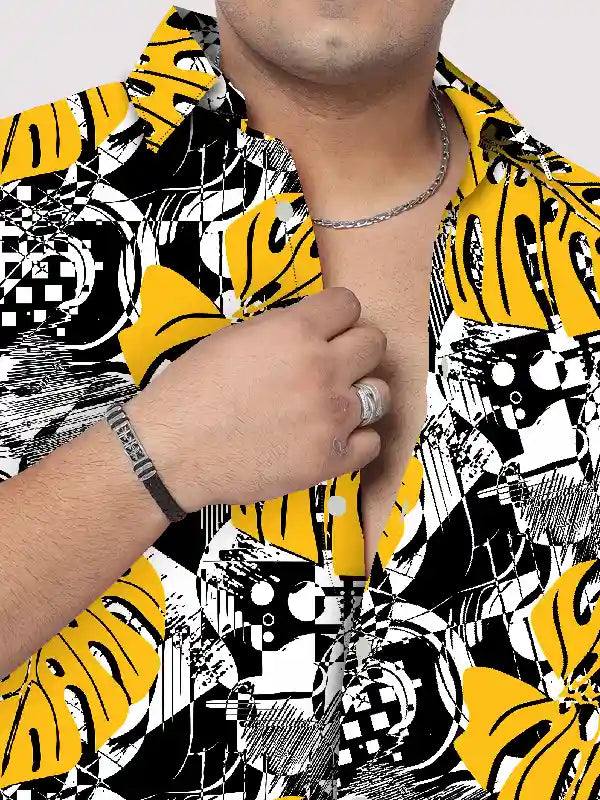 Black White Tropical Leaves Digital Printed Men's Plus Size Half Sleeve Shirt