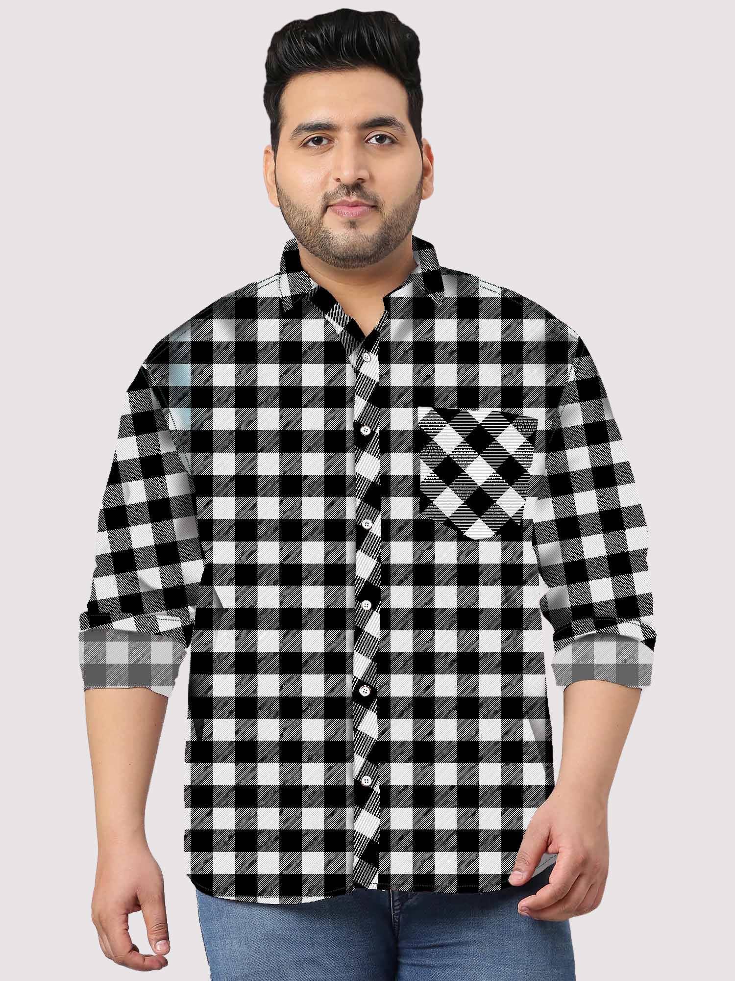 Black and White Checked Full Sleeve Shirt Men's Plus Size