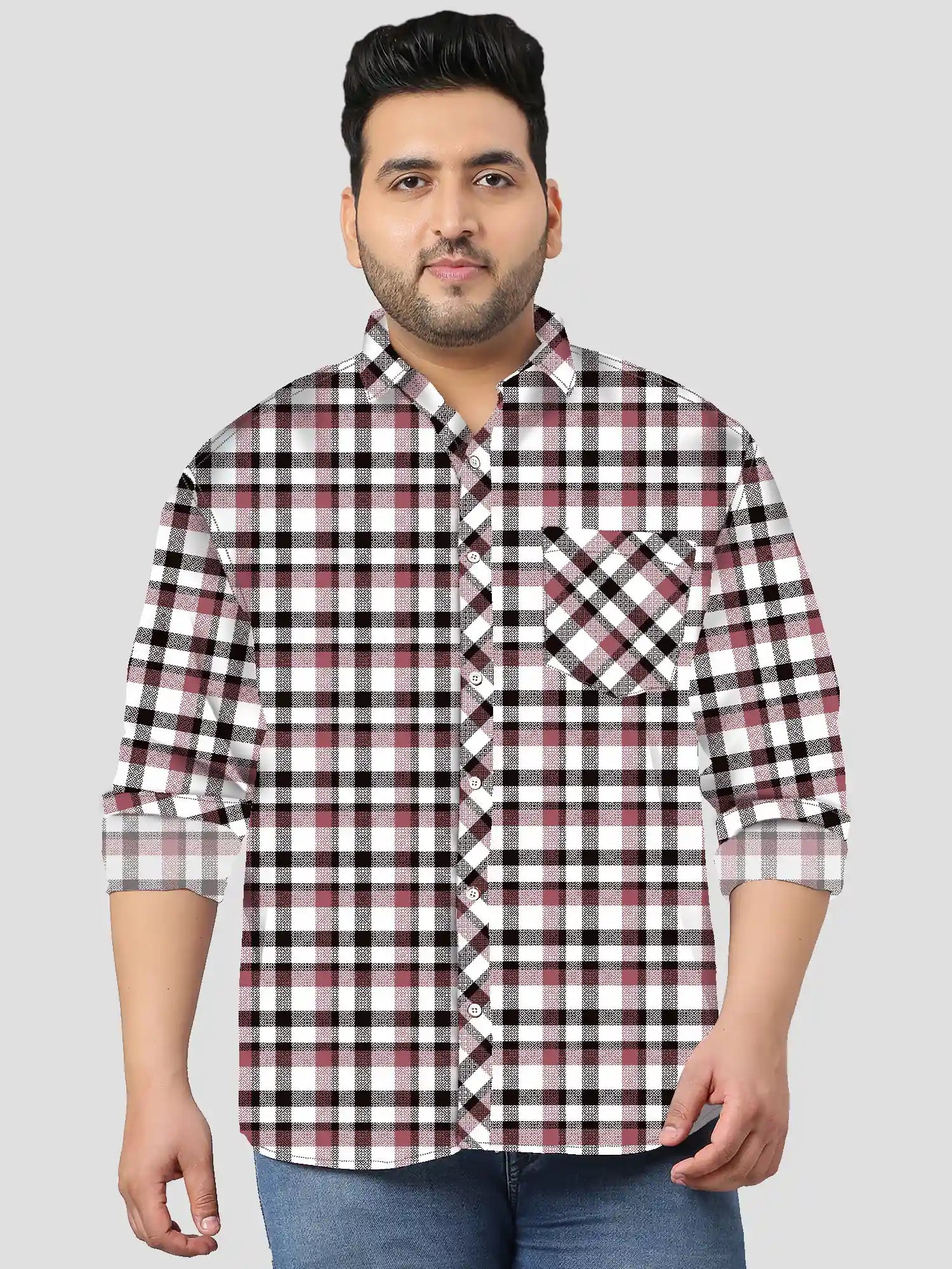 Black and Magenta Checks Men's Plus Size Full Shirt