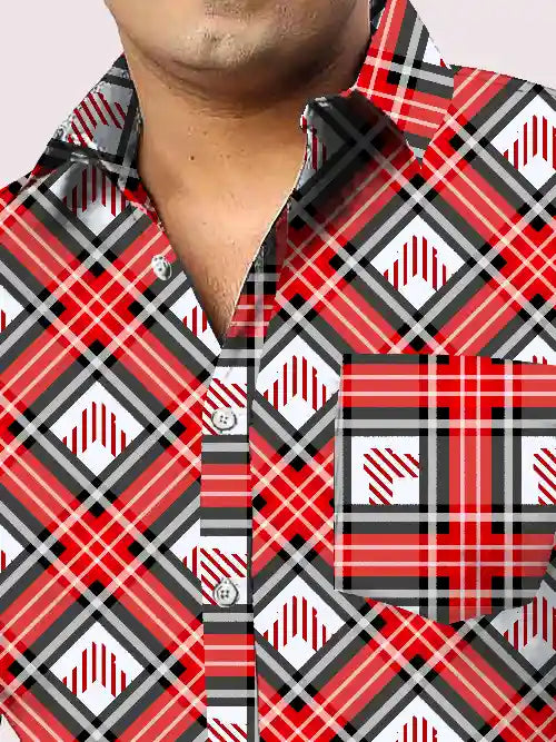 Black and Red Cross Checks Men's Plus Size Full Shirt