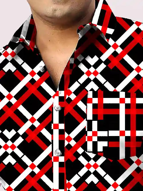 Black and Red Dot Checks Men's Plus Size Full Shirt