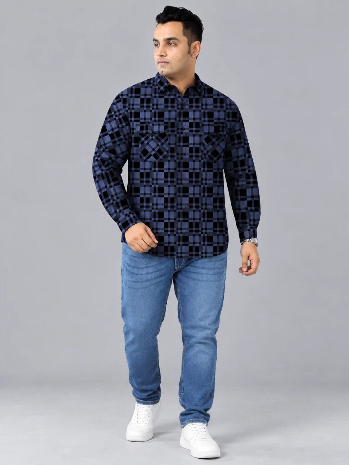 Black checks Denim Printed Men's Plus Size Double Pocket Full Sleeve Shirt