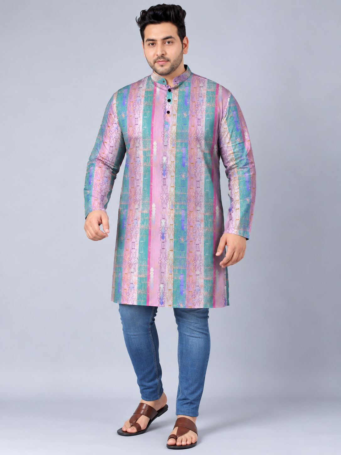 Pastel Baroque Digital Printed Men's Plus Size Kurta