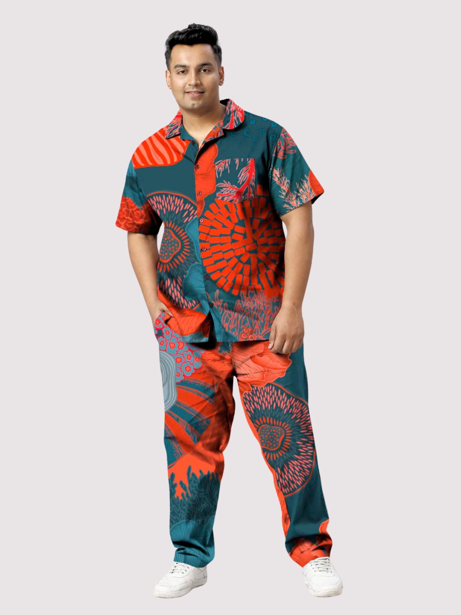 Coral Flower Printed Plus Size Men's Full Co-ord Set