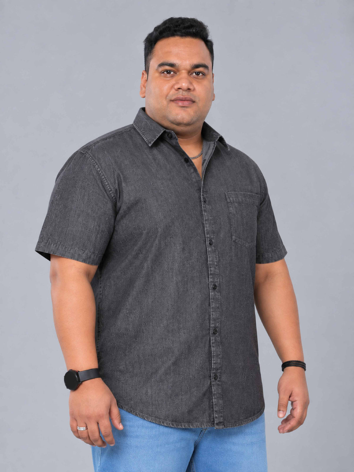 Grey Denim Single Pocket Half Sleeve Shirt Men's Plus Size