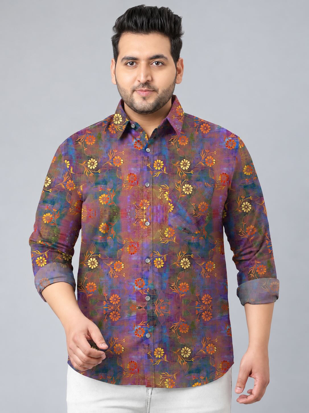 Intricate Floral Design Digital Printed Men's Plus Size Full Sleeve Shirt