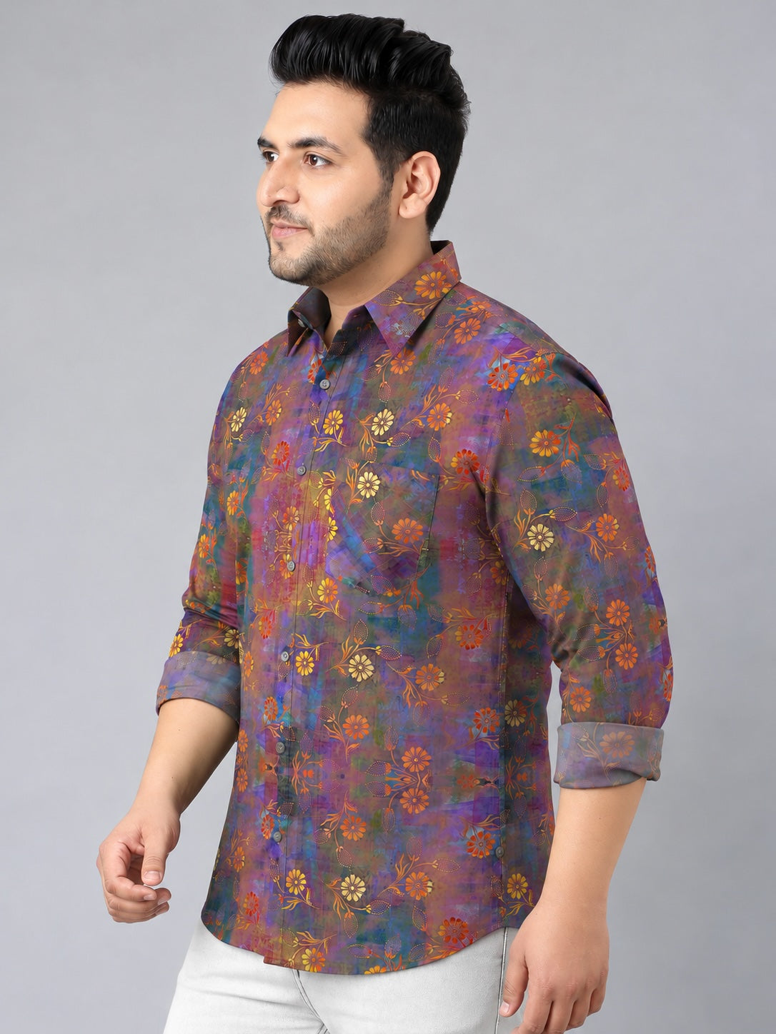 Intricate Floral Design Digital Printed Men's Plus Size Full Sleeve Shirt