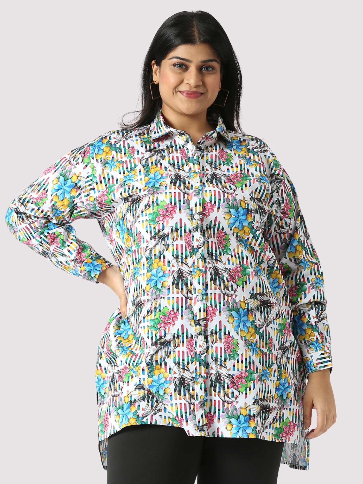 Flowers Stripe Digital Printed Women's Plus Size Long Shirt