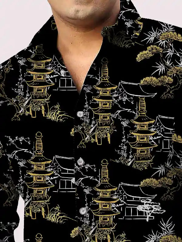 Japanese Temple Design Digital Printed Men Plus Size Full Shirt