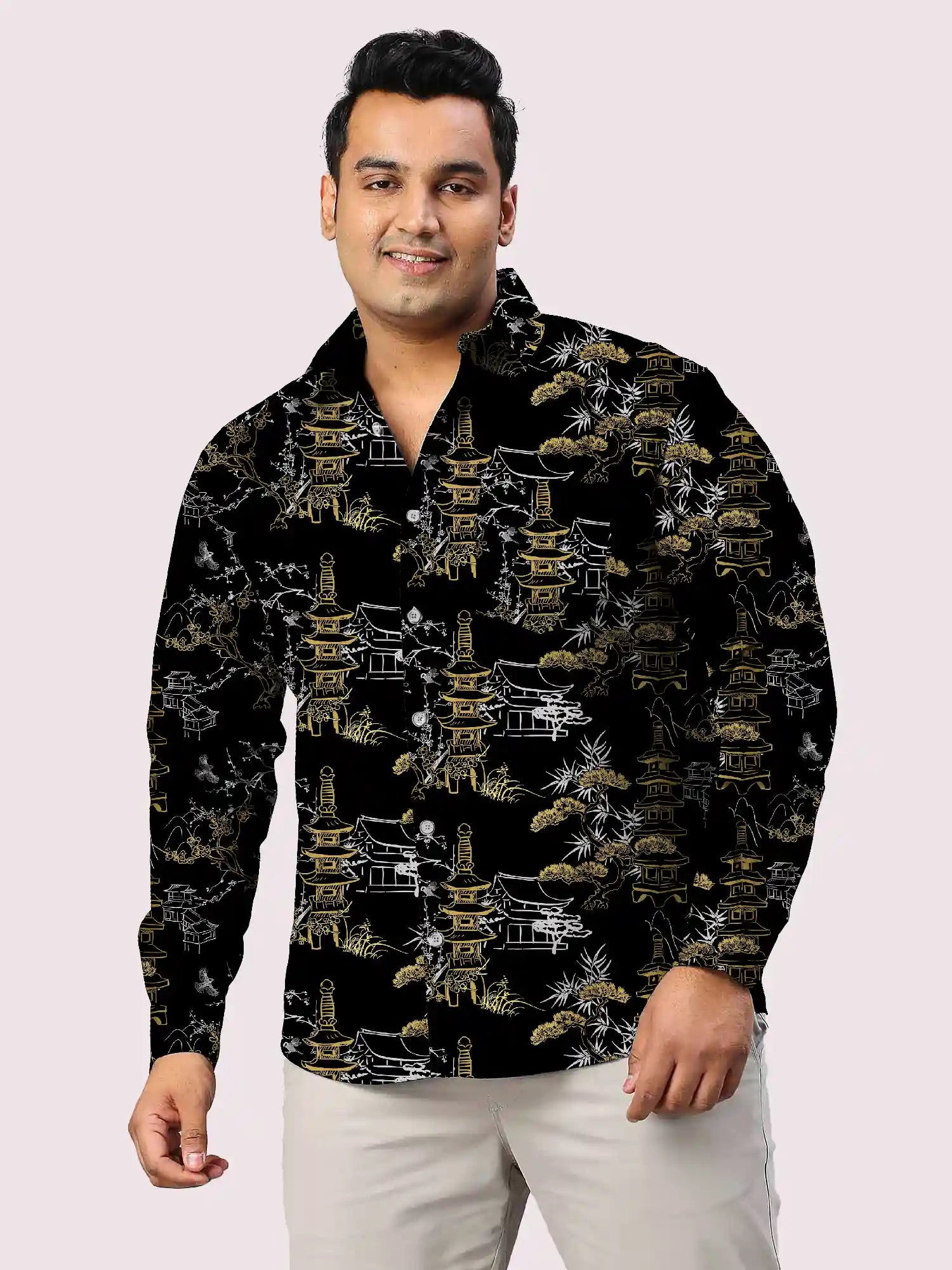 Japanese Temple Design Digital Printed Men Plus Size Full Shirt