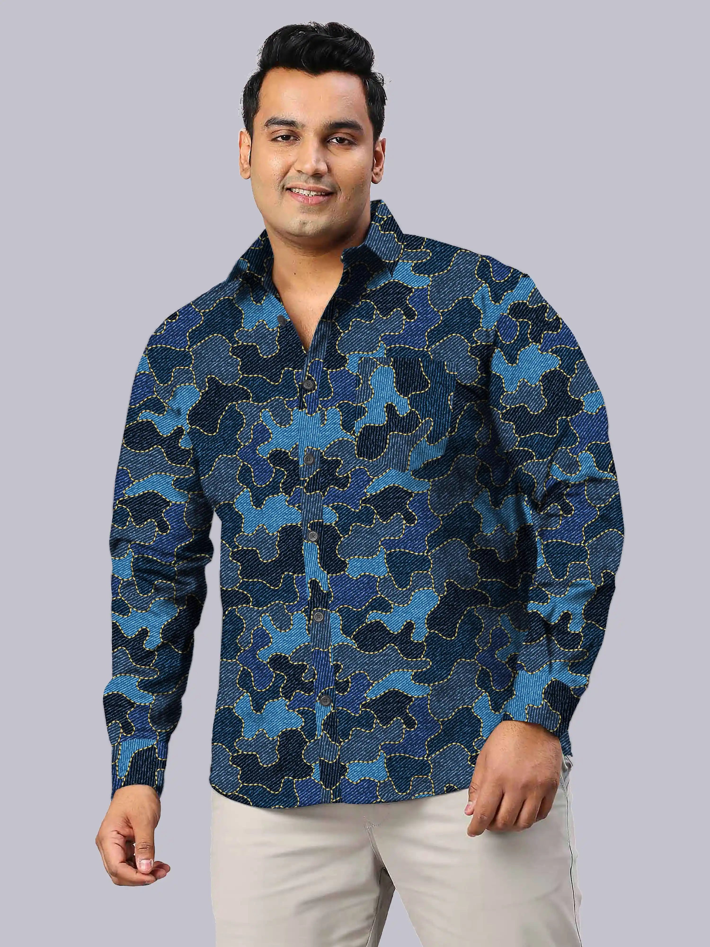 Camouflage Denim Digital Printed Men Plus Size Full Shirt
