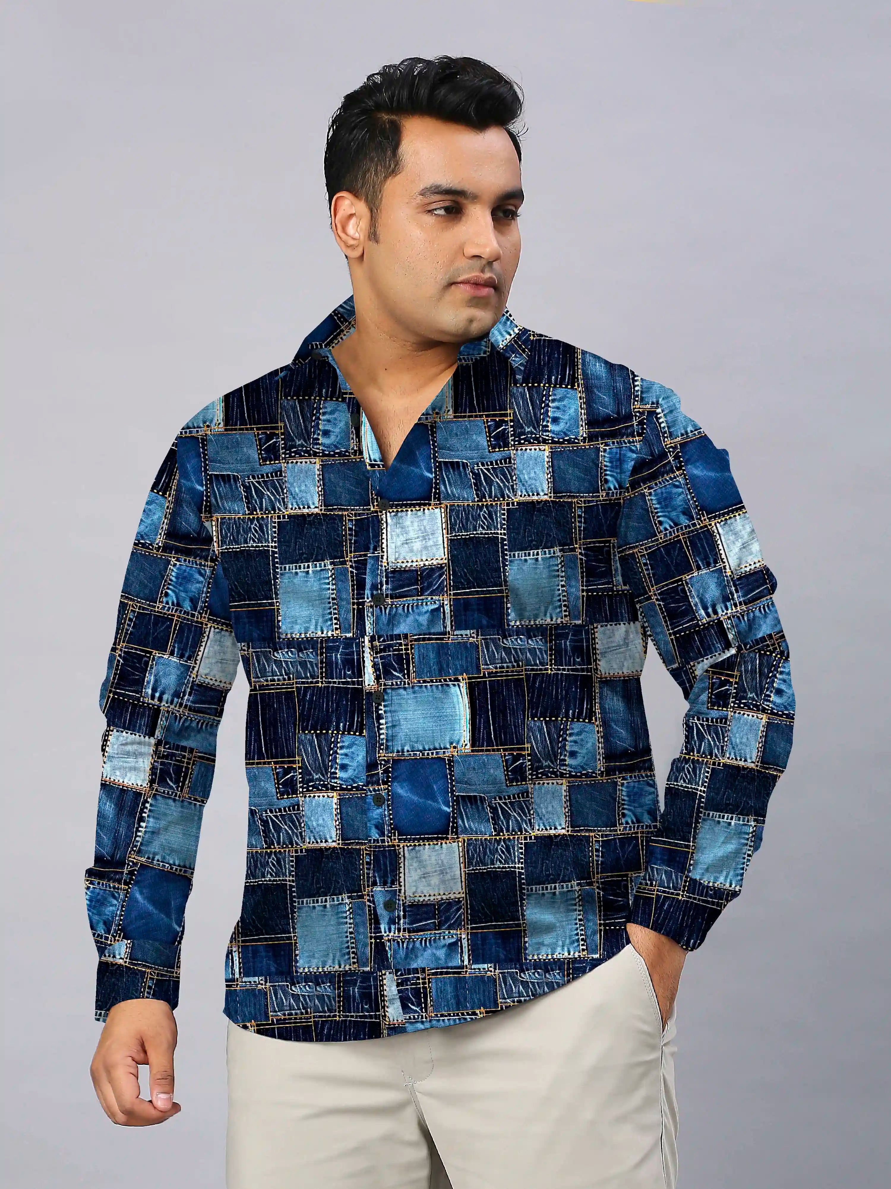 Patchwork Pattern Digital Printed Men Plus Size Full Shirt