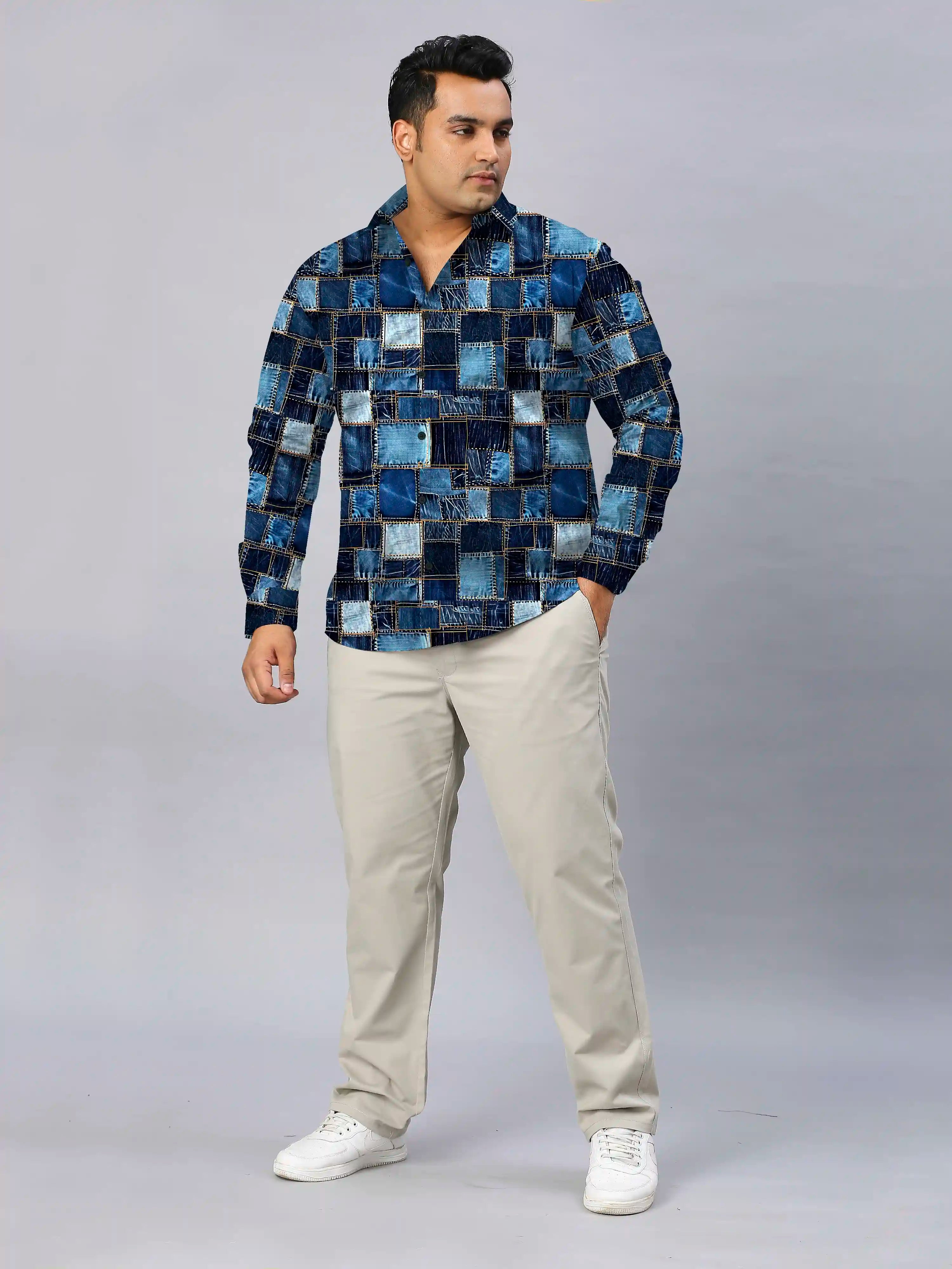 Patchwork Pattern Digital Printed Men Plus Size Full Shirt