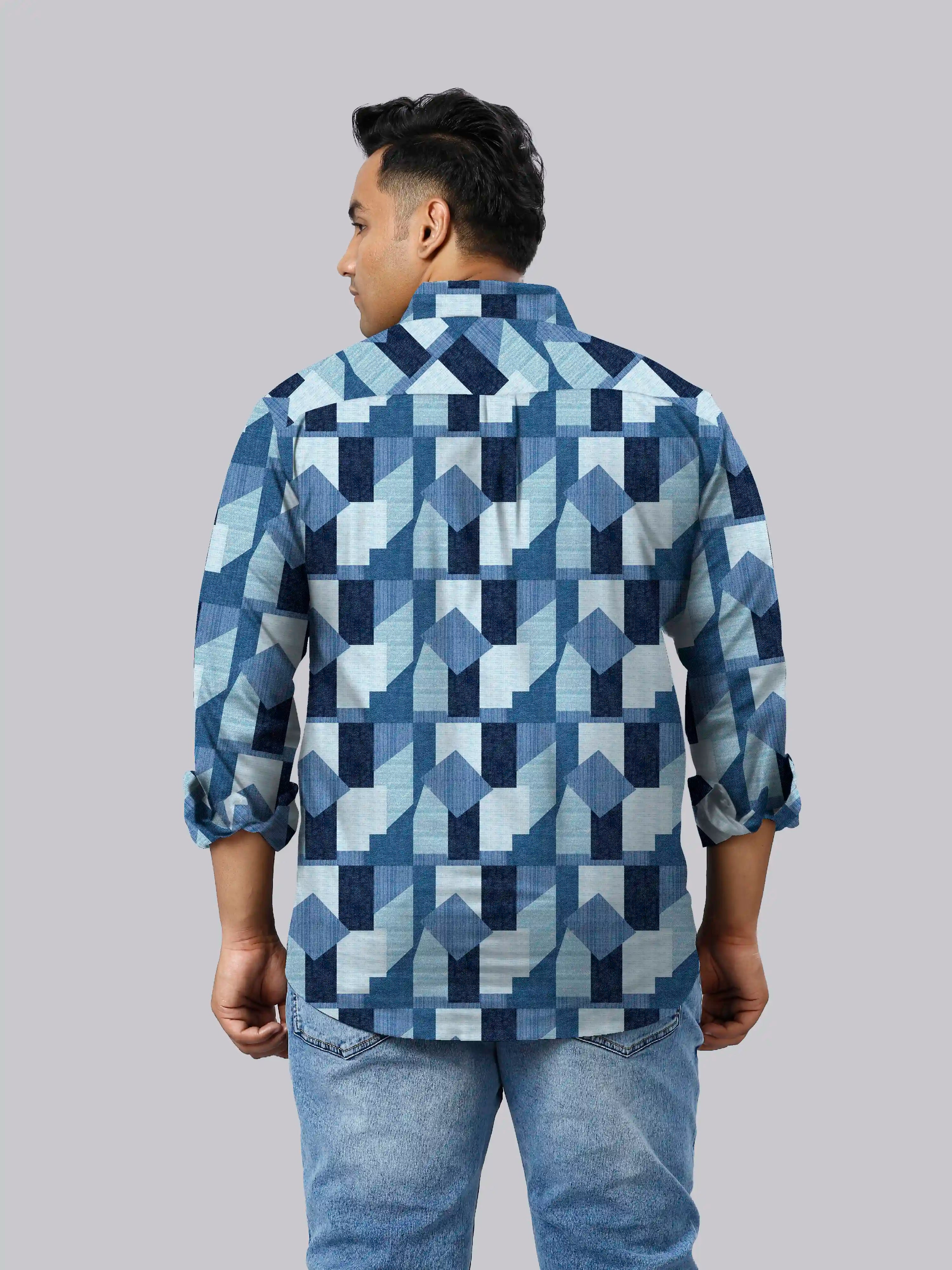 Jeans Patchwork Digital Printed Men Plus Size Full Shirt