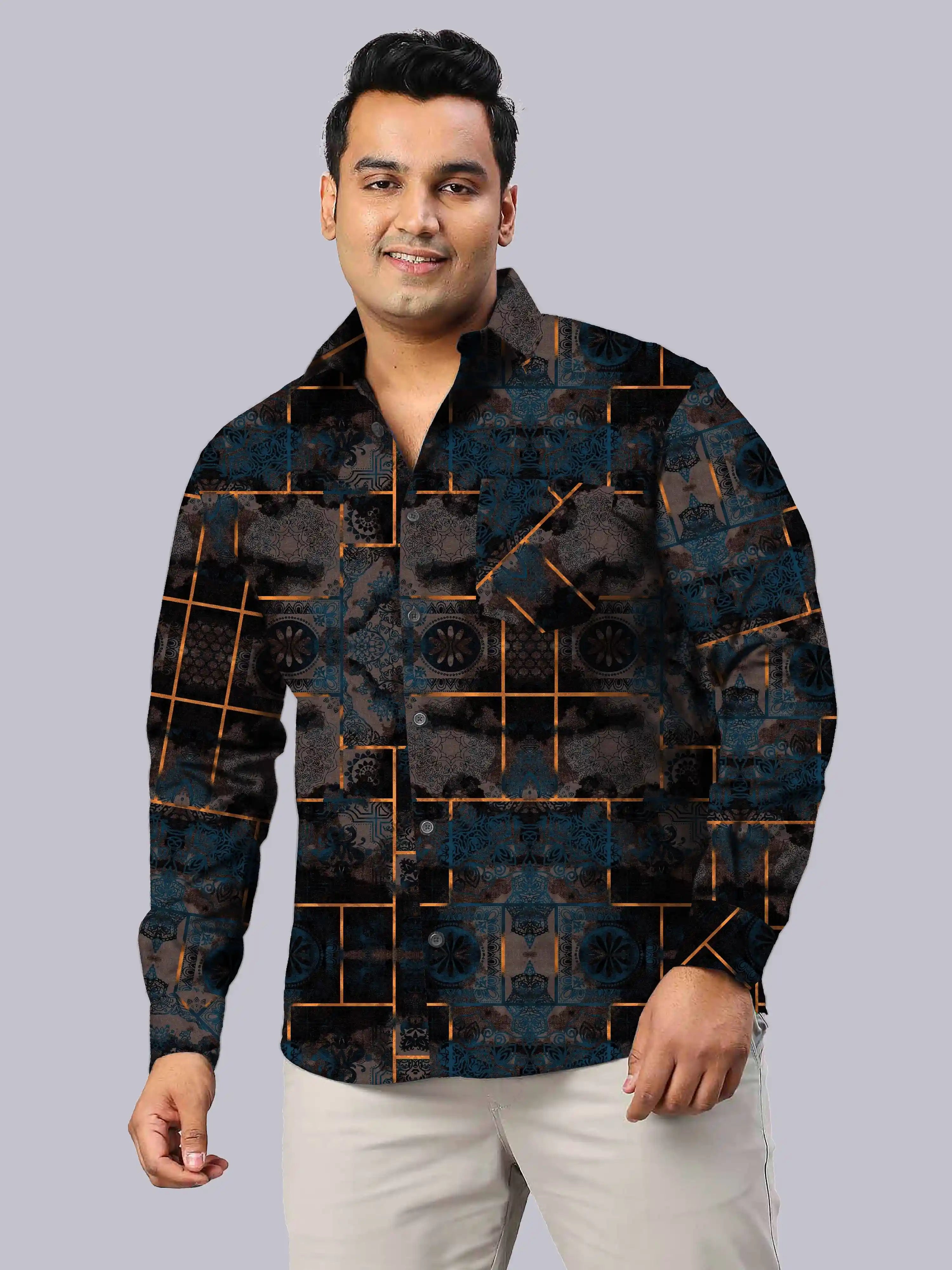 Distressed Pattern Digital Printed Men's Plus Size Full Sleeve Shirt