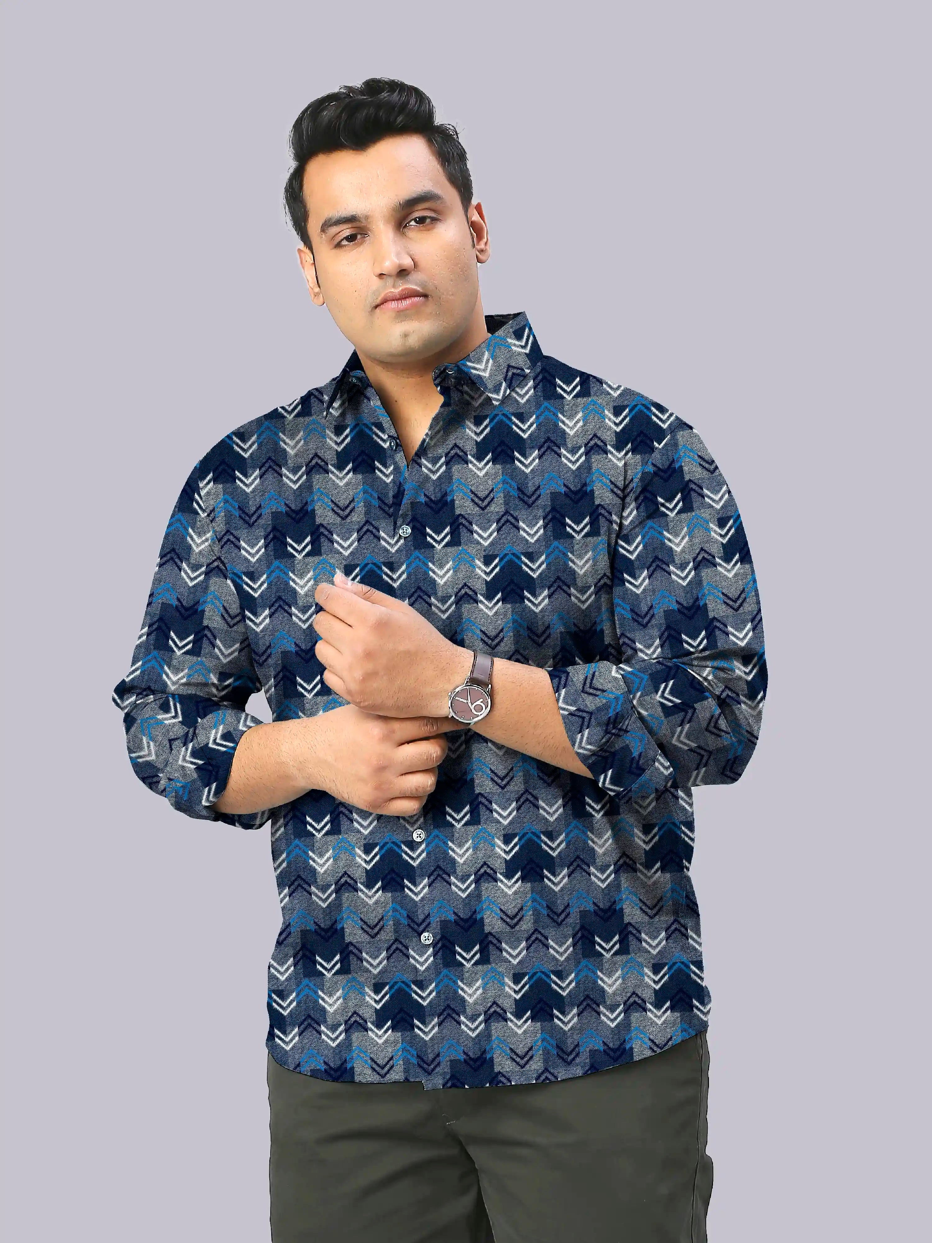 Zigzag Ikat Digital Printed Men's Plus Size Full Sleeve Shirt
