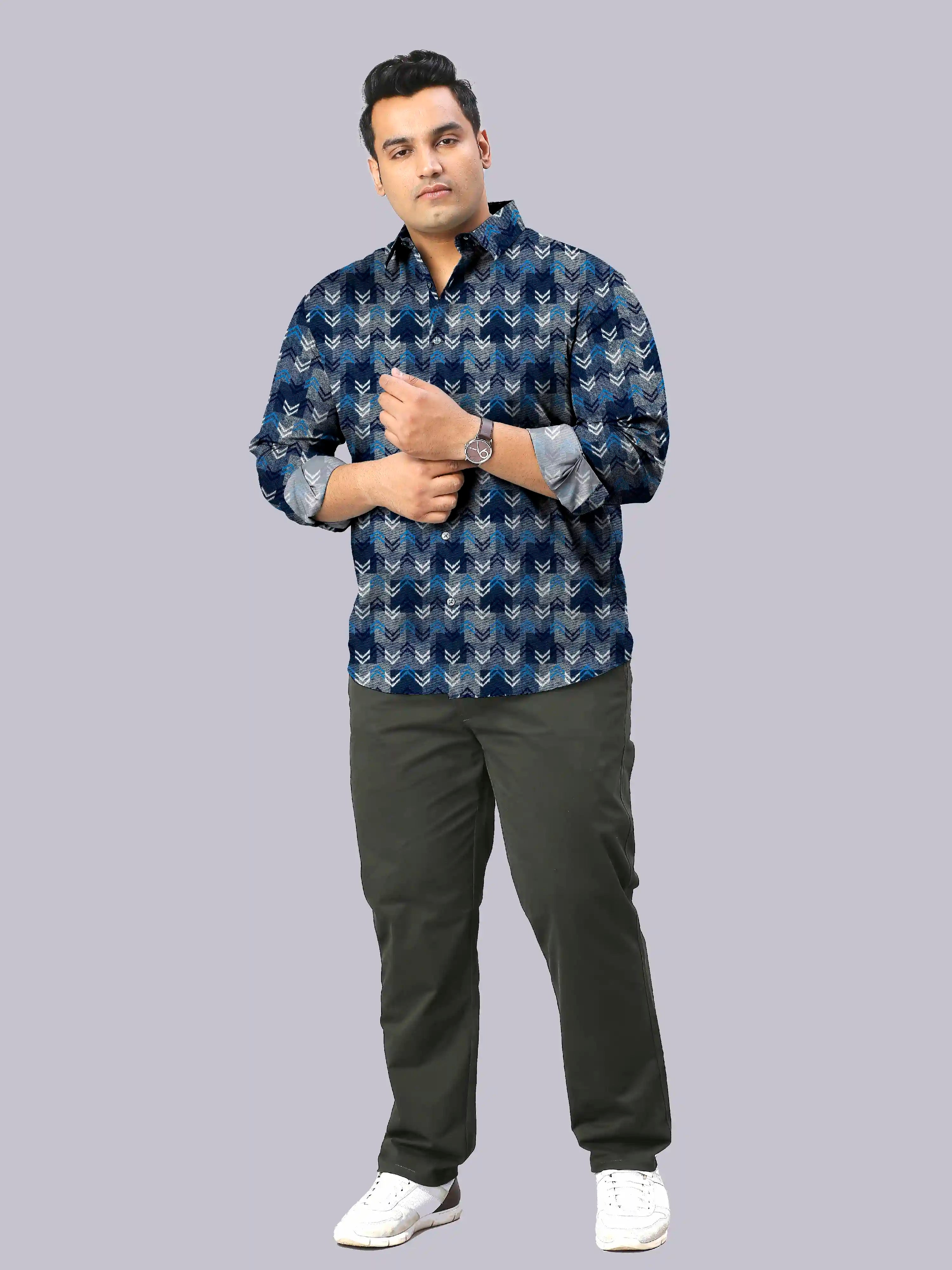 Zigzag Ikat Digital Printed Men's Plus Size Full Sleeve Shirt