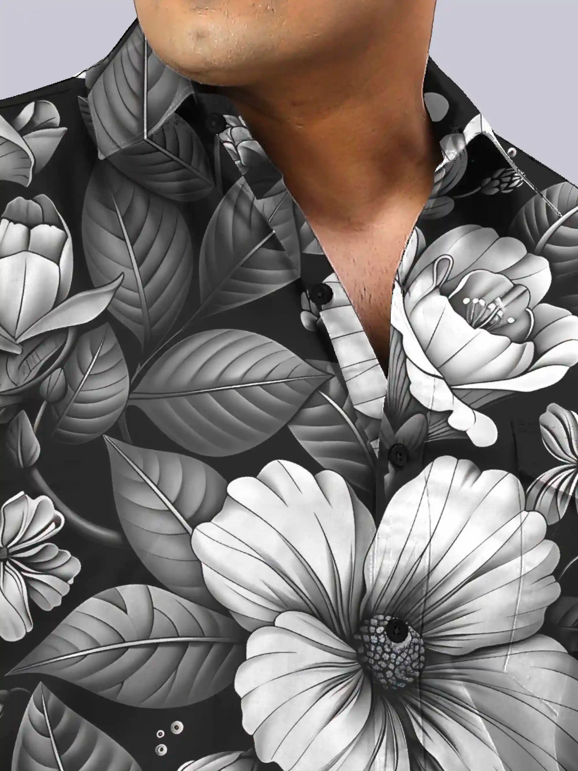 Black and White Flowers Digital Printed Men's Plus Size Full Sleeve Shirt