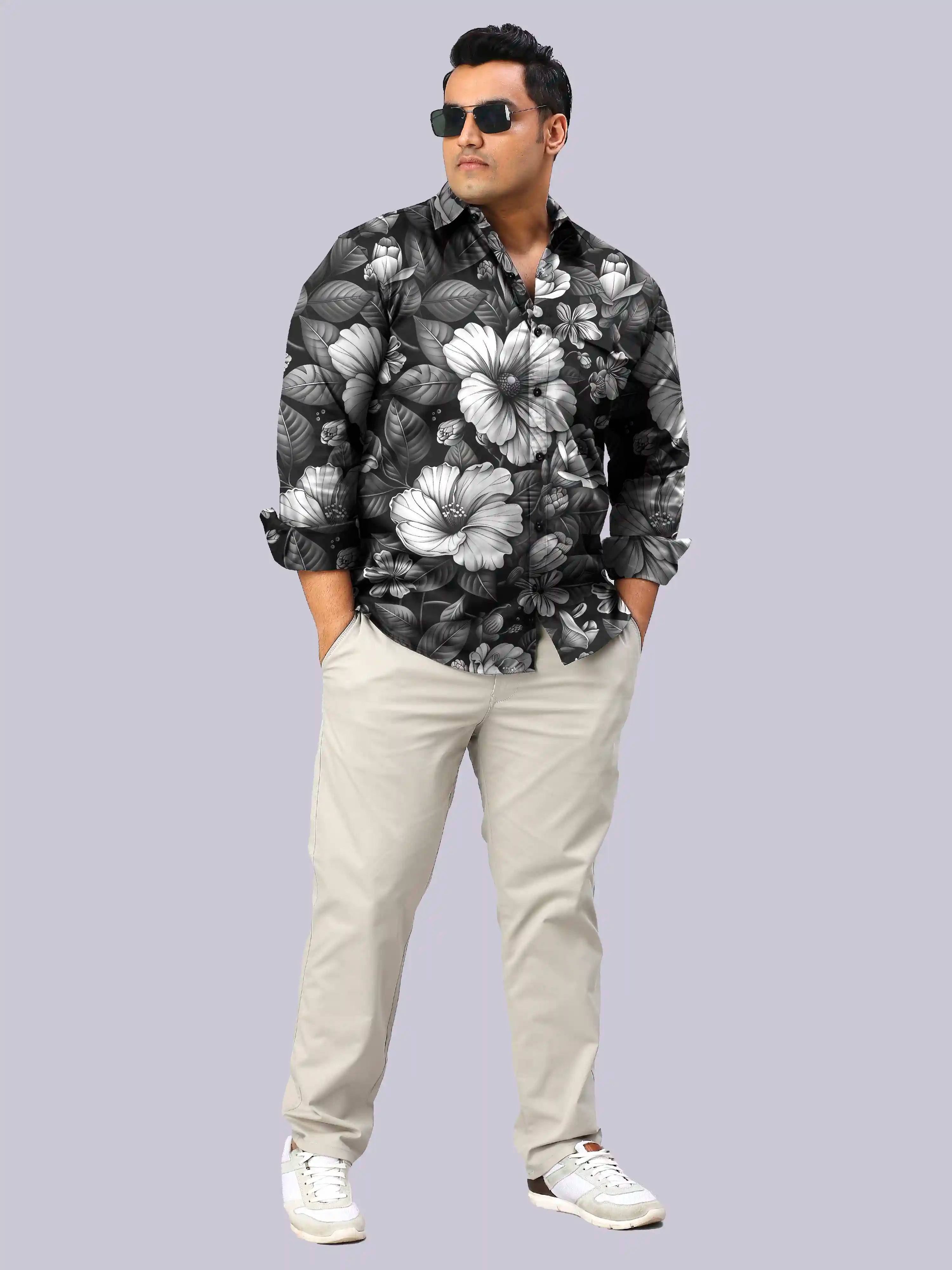 Black and White Flowers Digital Printed Men's Plus Size Full Sleeve Shirt