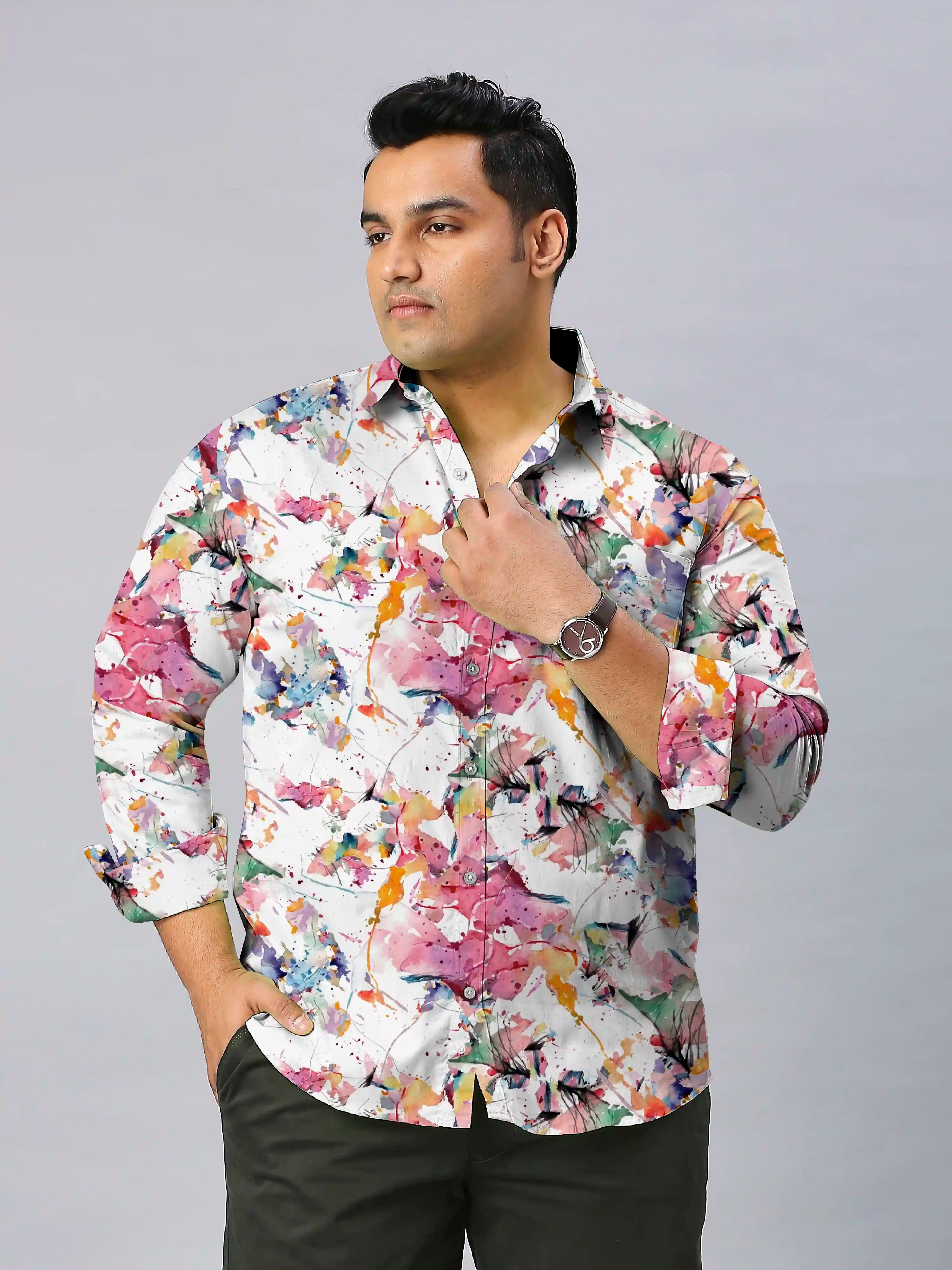Watercolor Floral Digital Printed Men's Plus Size Full Sleeve Shirt