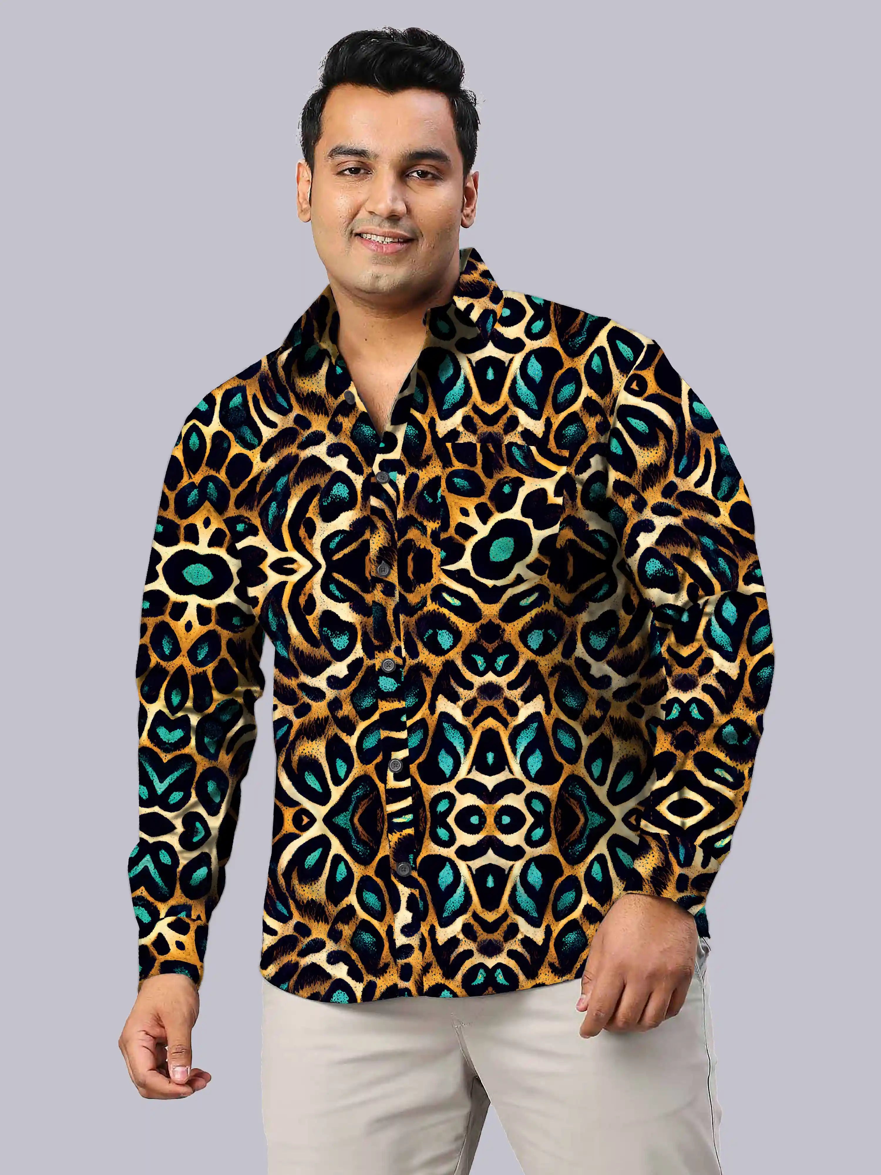 Bright Leopard Skin Digital Printed Men's Plus Size Full Sleeve Shirt