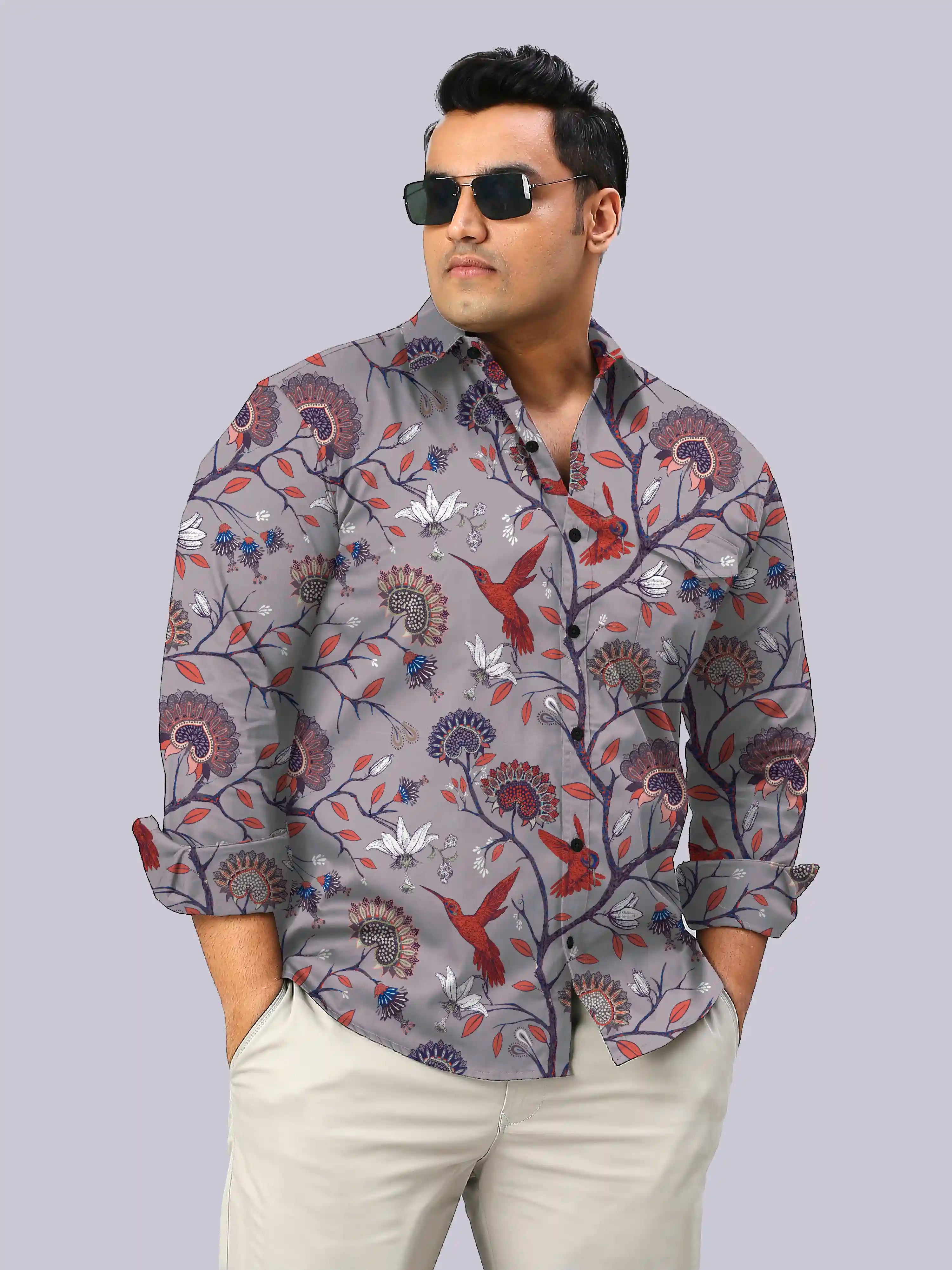 Hummingbird Floral Digital Printed Men's Plus Size Full Sleeve Shirt