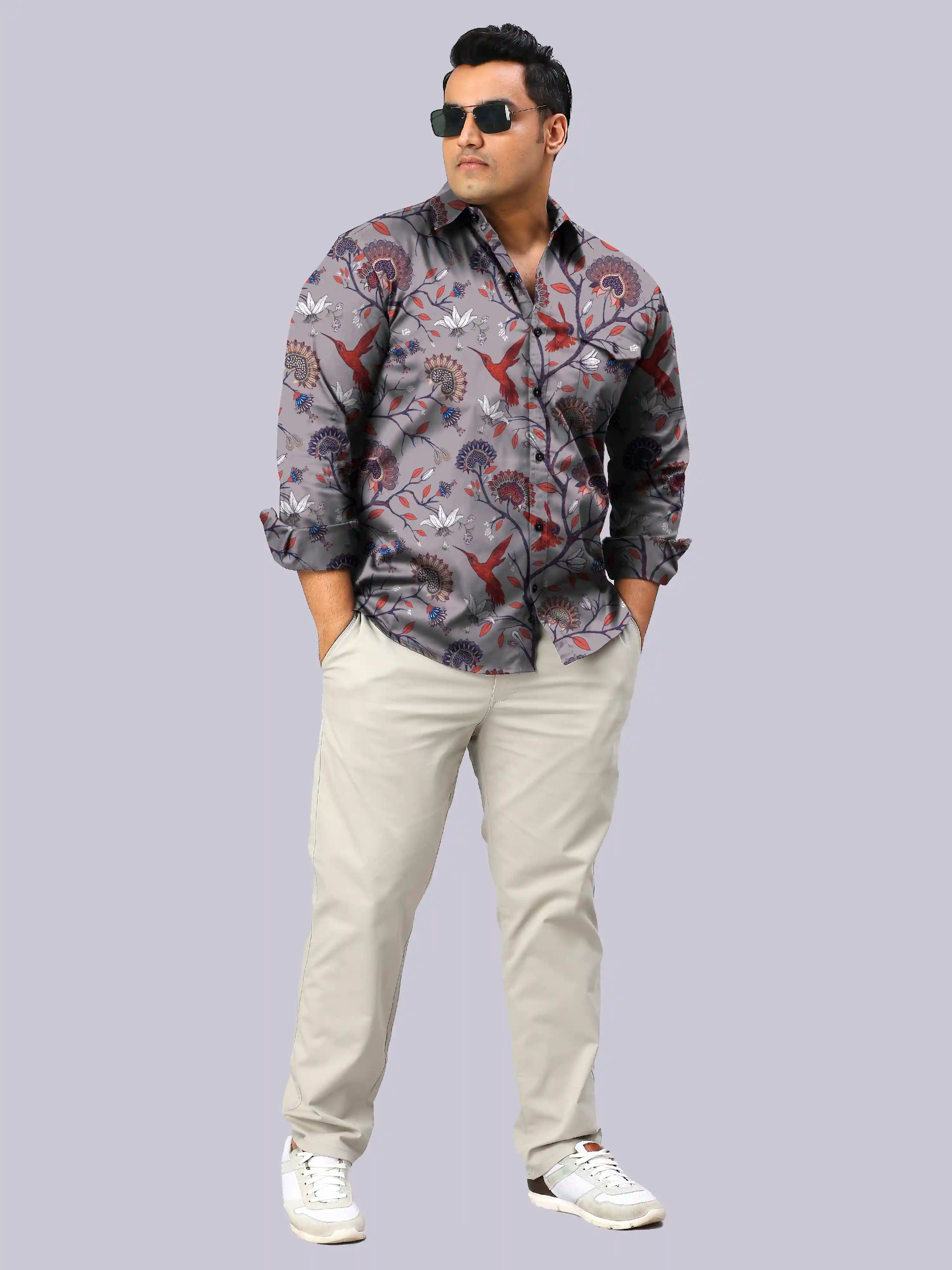 Hummingbird Floral Digital Printed Men's Plus Size Full Sleeve Shirt