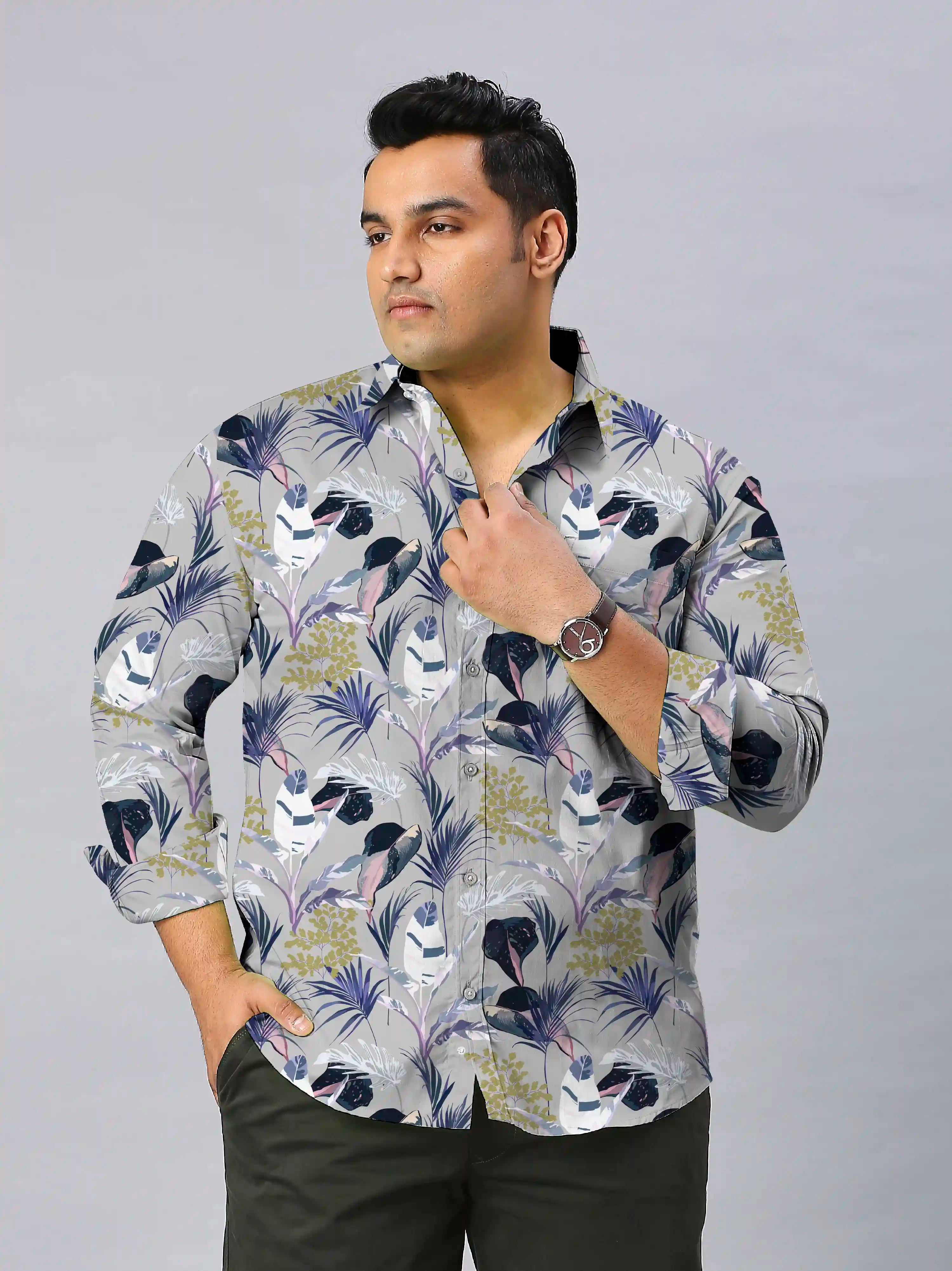 Exotic Leaves Digital Printed Men's Plus Size Full Sleeve Shirt