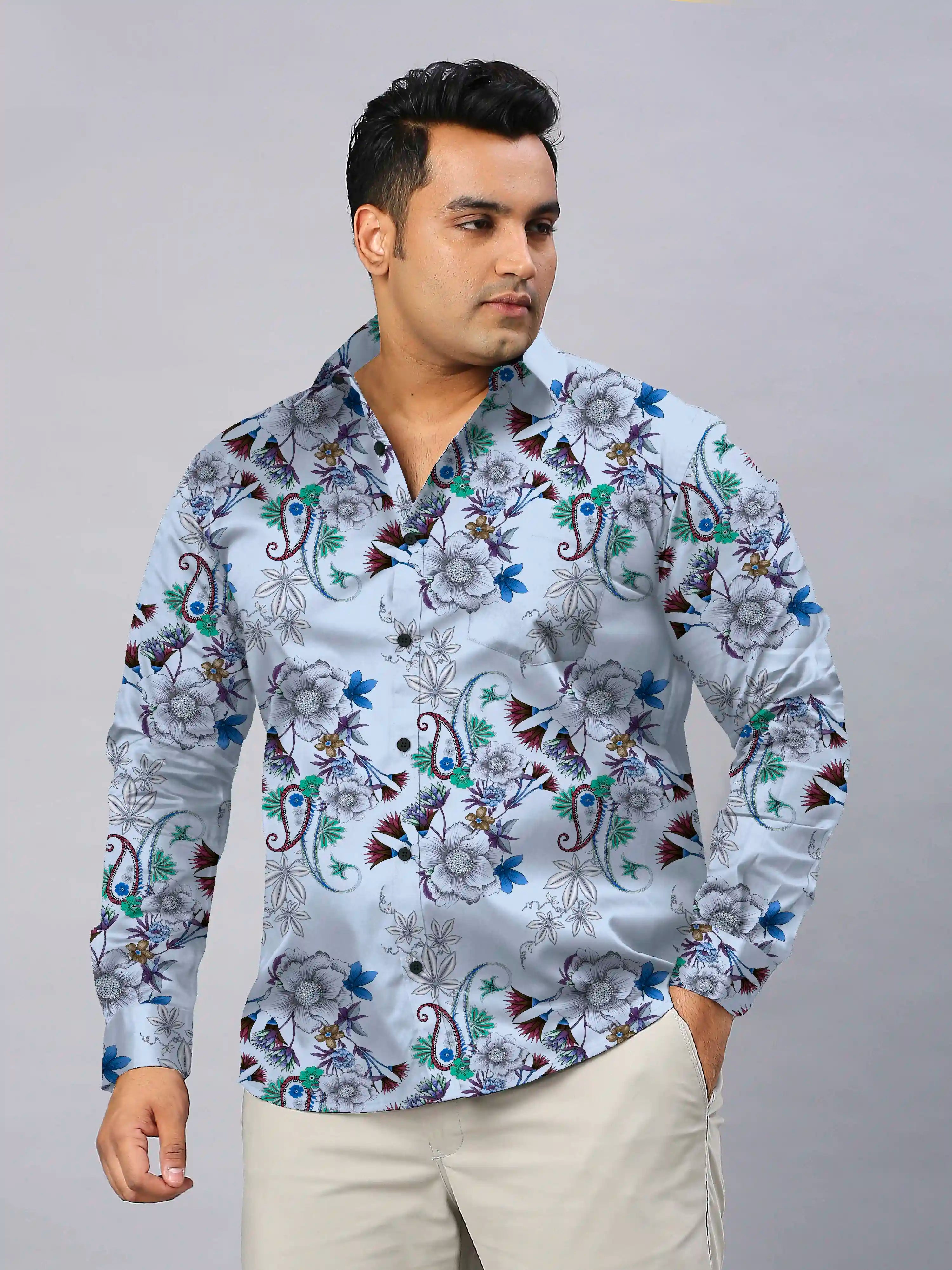 Stylized Flowers Digital Printed Men's Plus Size Full Sleeve Shirt