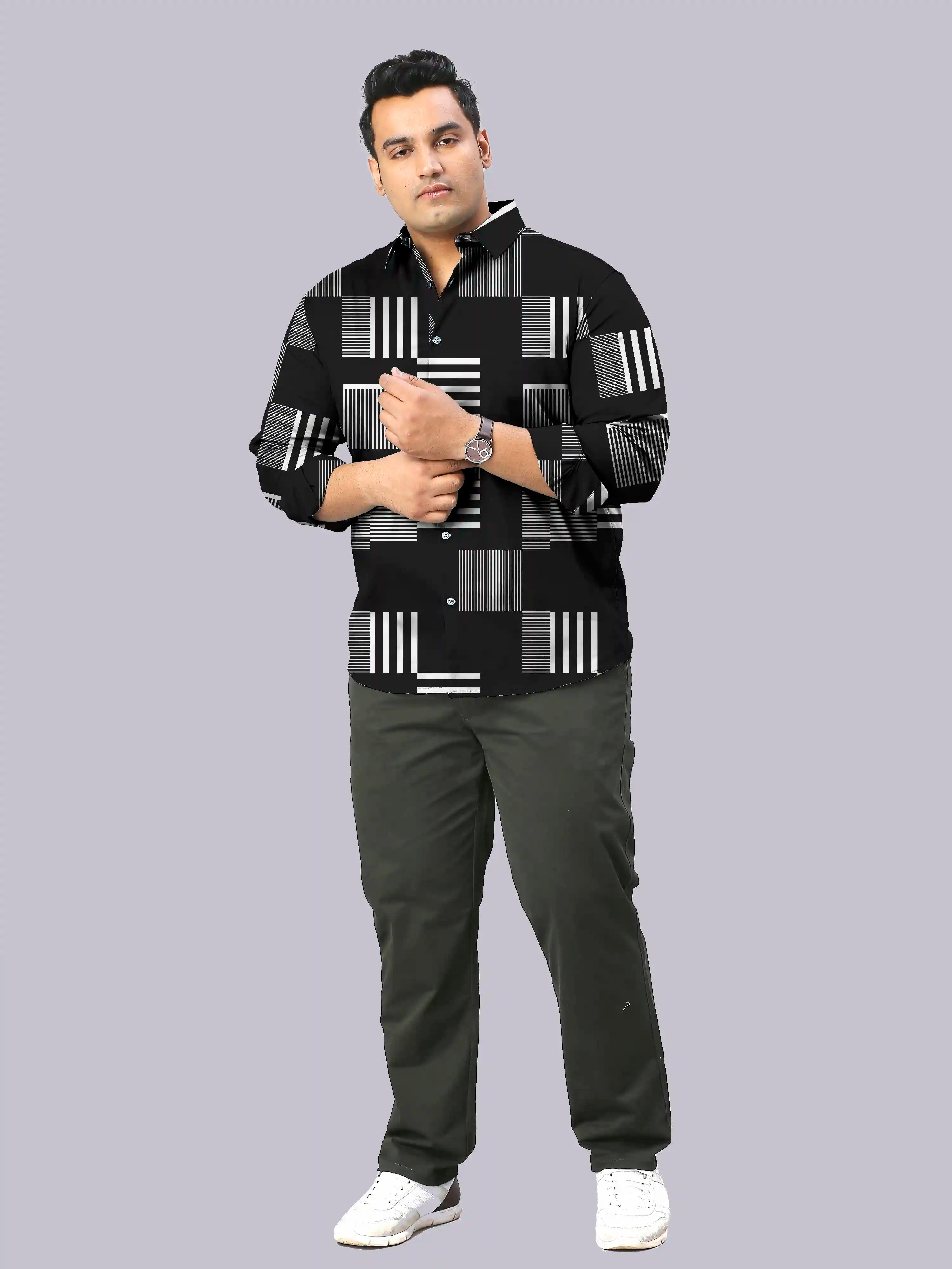 White Striking Printed Men's Plus Size Full Sleeve Shirt