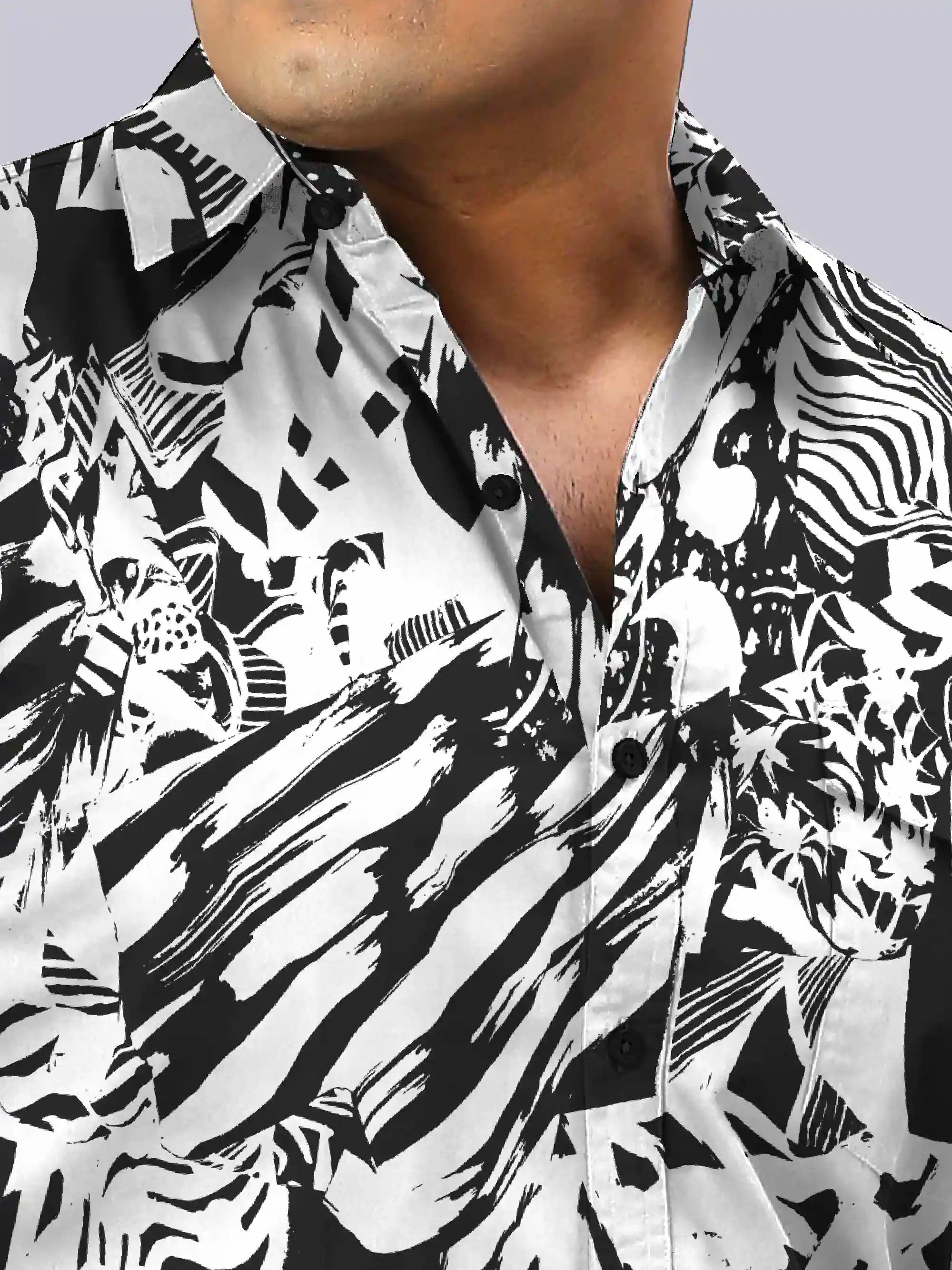 Black and White Collage Printed Men's Plus Size Full Sleeve Shirt