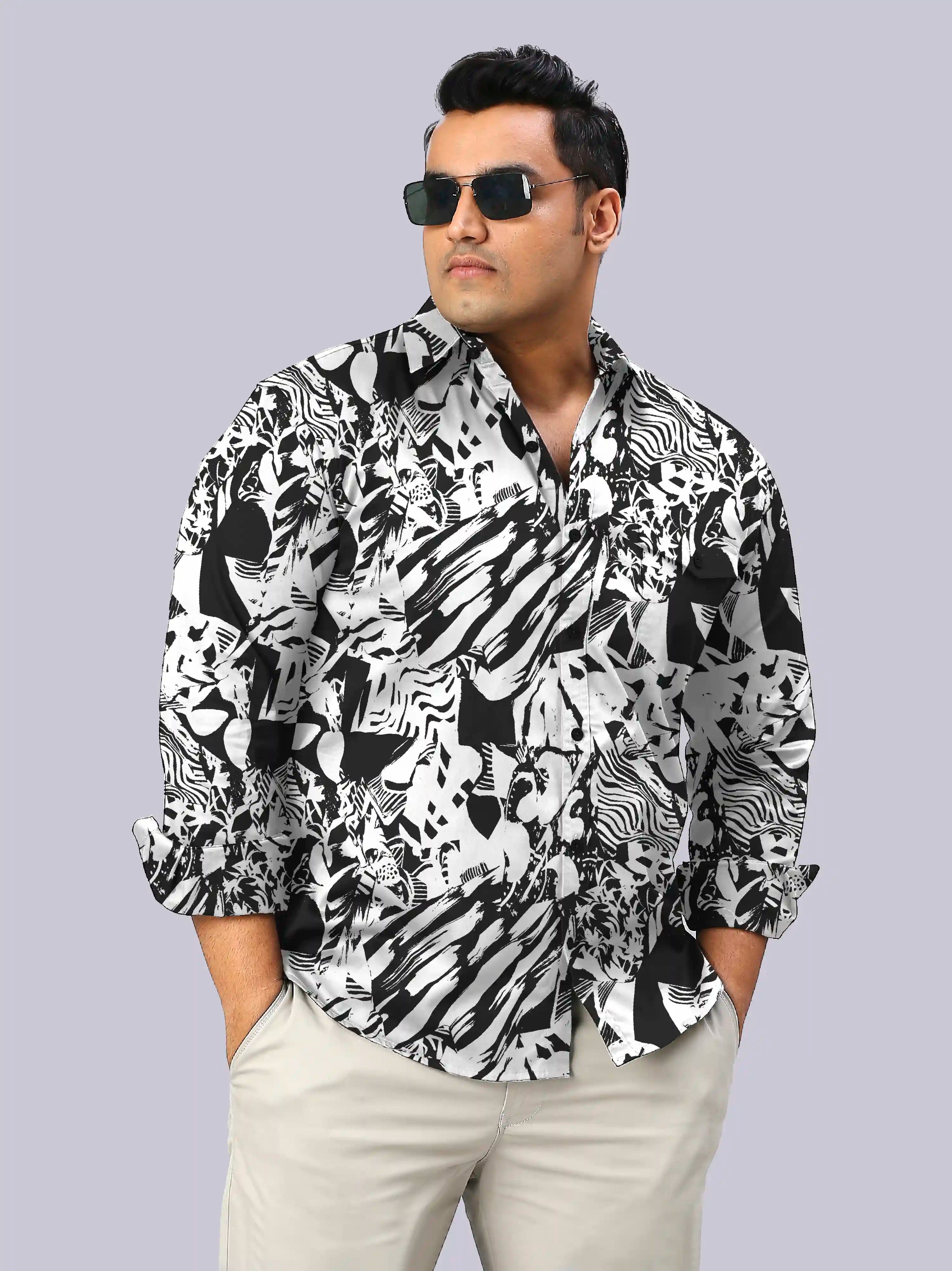Black and White Collage Printed Men's Plus Size Full Sleeve Shirt