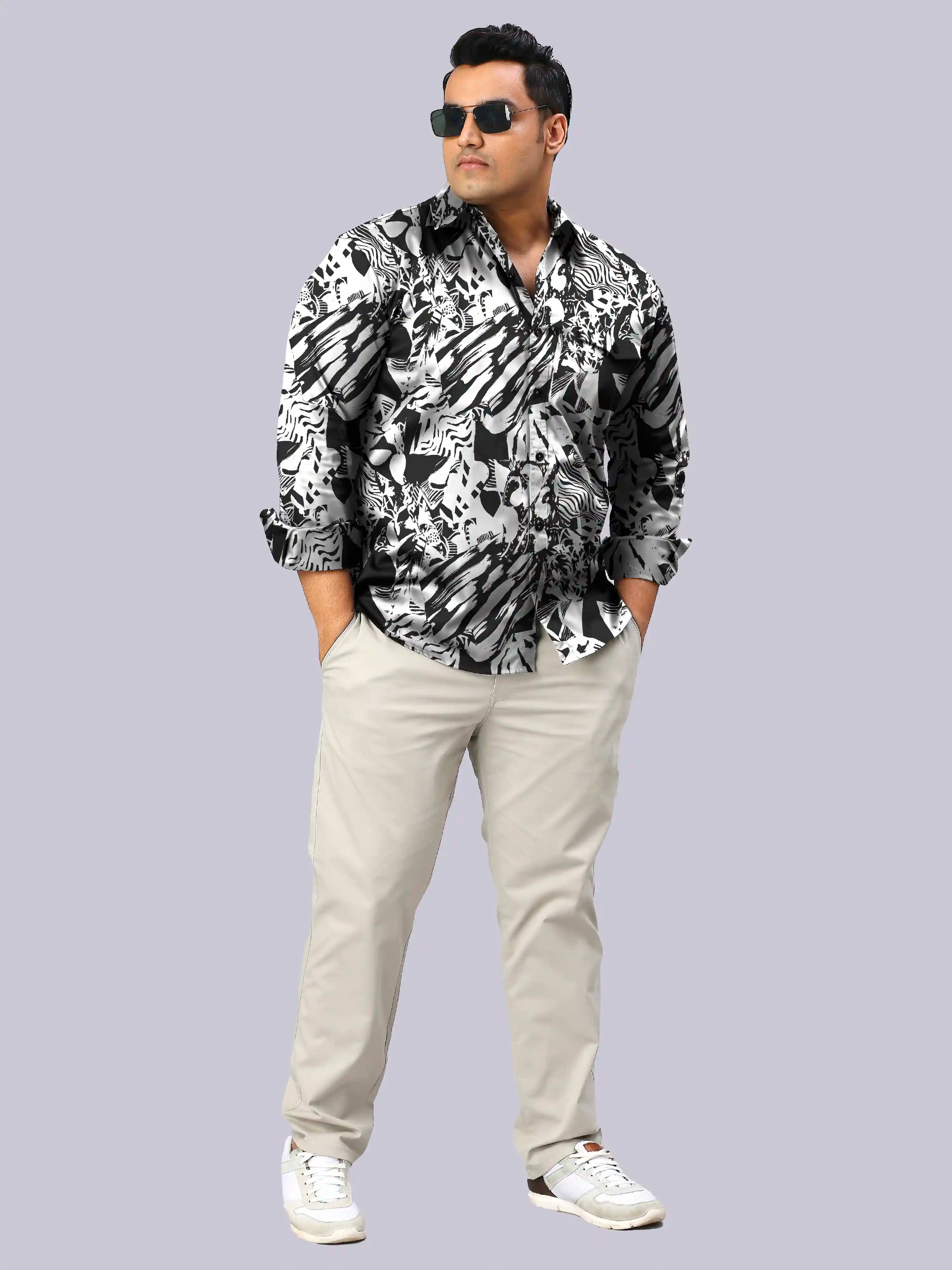 Black and White Collage Printed Men's Plus Size Full Sleeve Shirt
