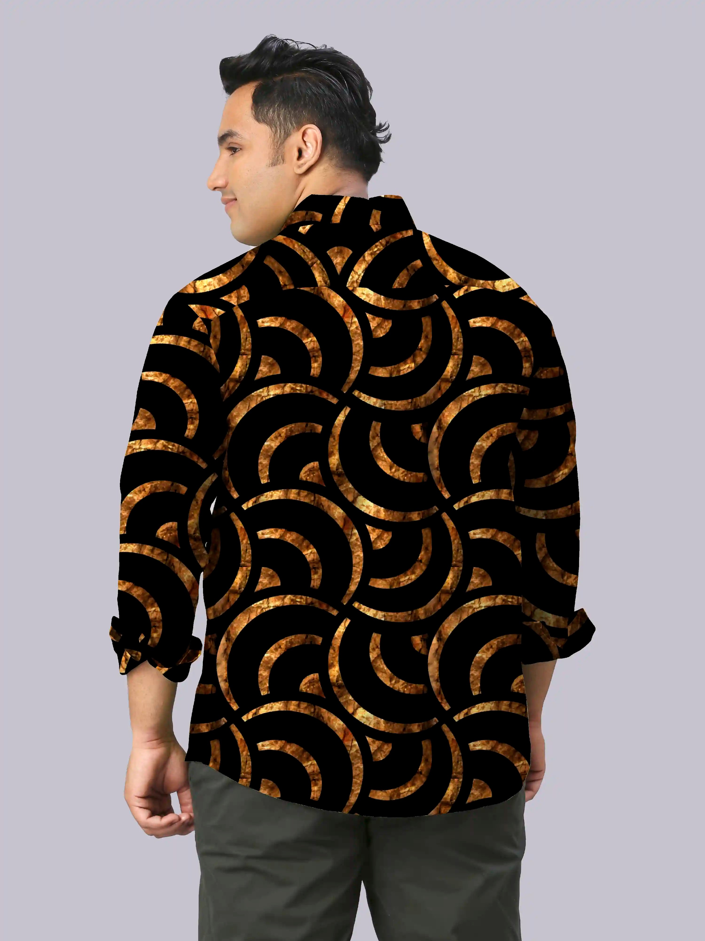 Golden Geometric Digital Printed Men's Plus Size Full Sleeve Shirt